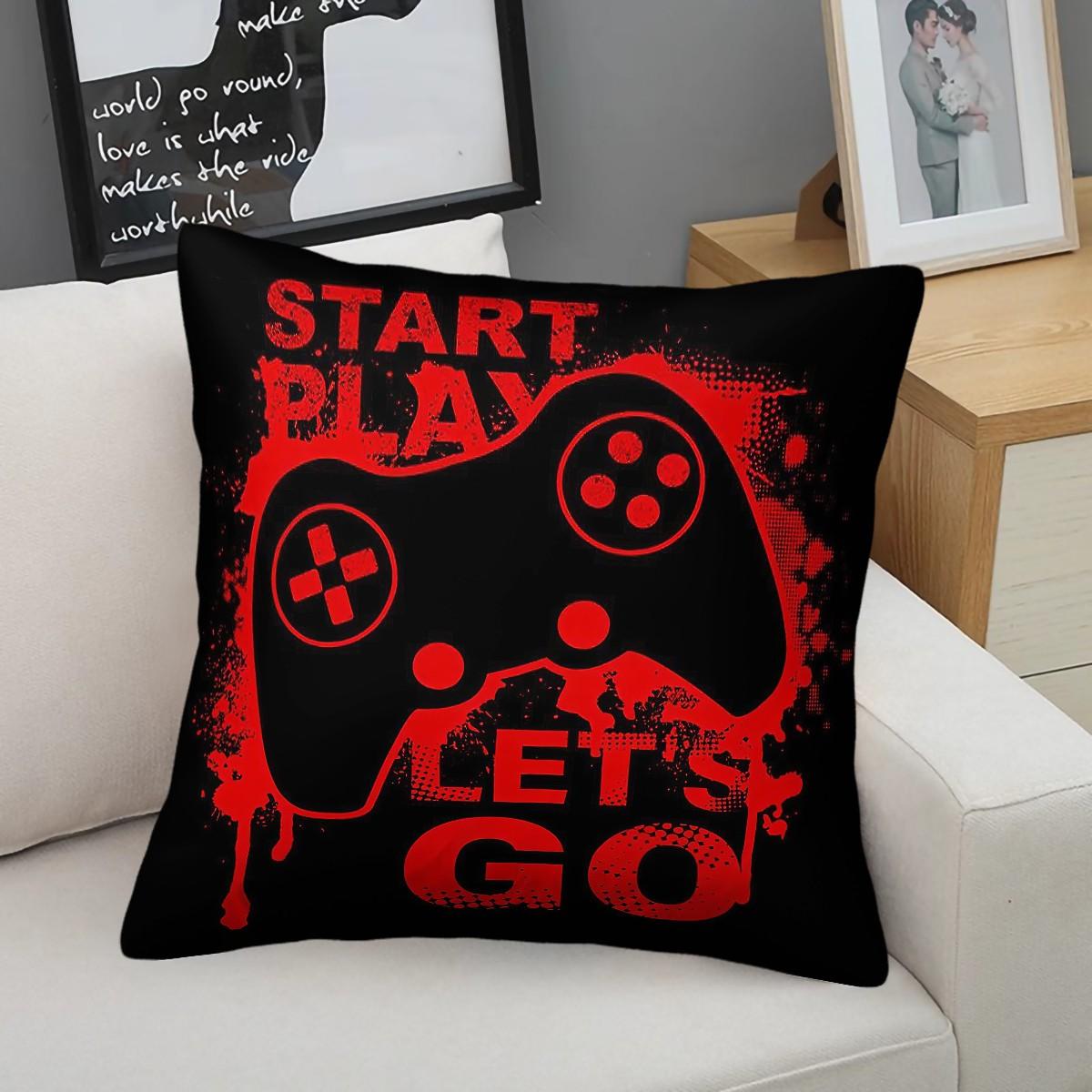Gamer Theme Throw Pillow,Start Play Let's Go Game Controller Decorative Cushion,Red Black Graffiti Accent Pillow for Gaming Room,Bedroom,Sofa,Couch,Dorm,Includes Pillow Core,Perfect Gamer Gift for Teen Boys & Game Lovers