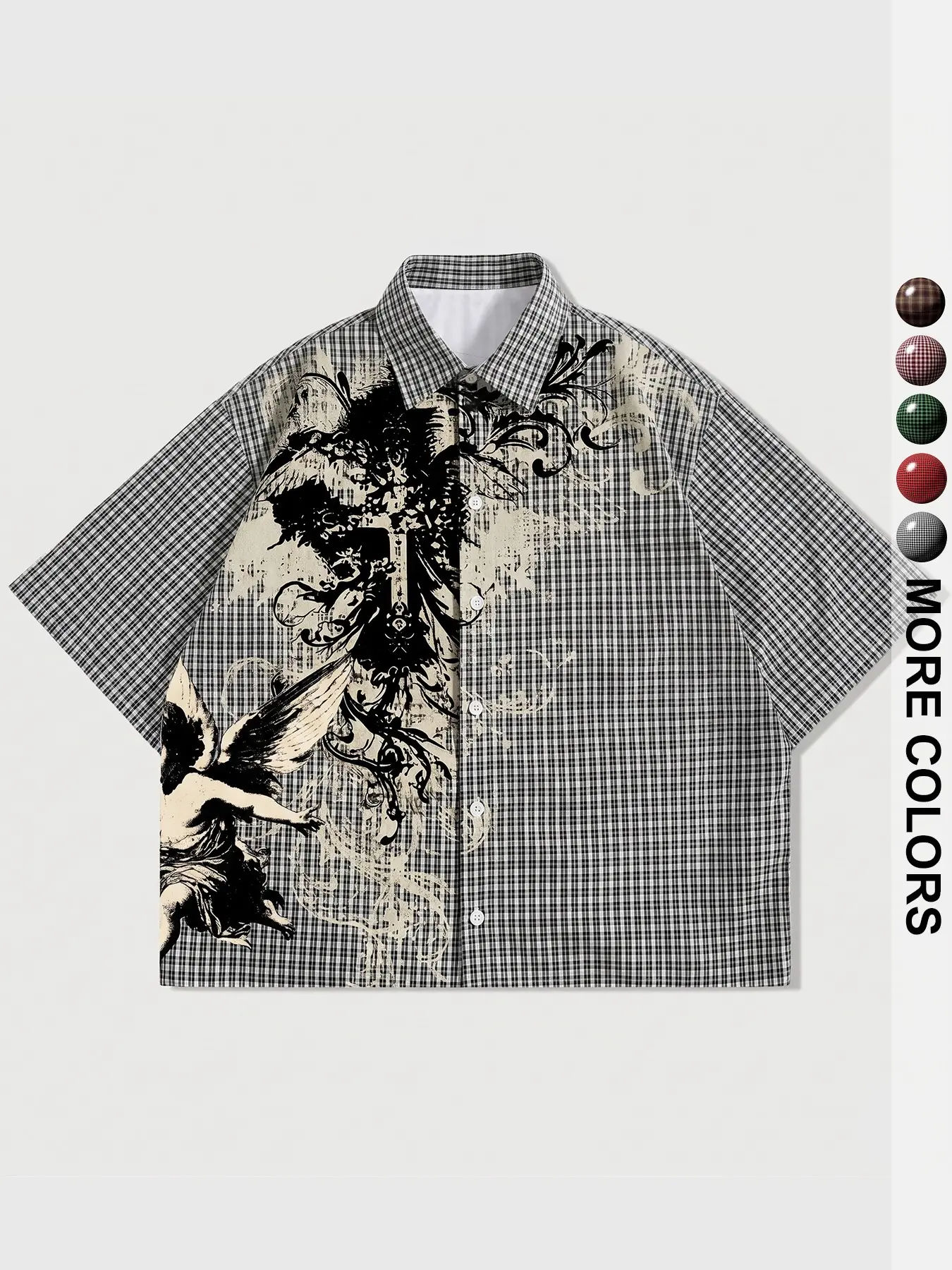Unisex Gothic Cross Floral Print Plaid Cropped Short Sleeve Shirt Lapel Button Down Crop Blouse, Y2K Grunge Streetwear Vintage Check Oversized Shirt, Casual Punk Short Top For Daily Street Outfit, Trendy TikTok Viral Shirt For Men Women Teen Girls Boys
