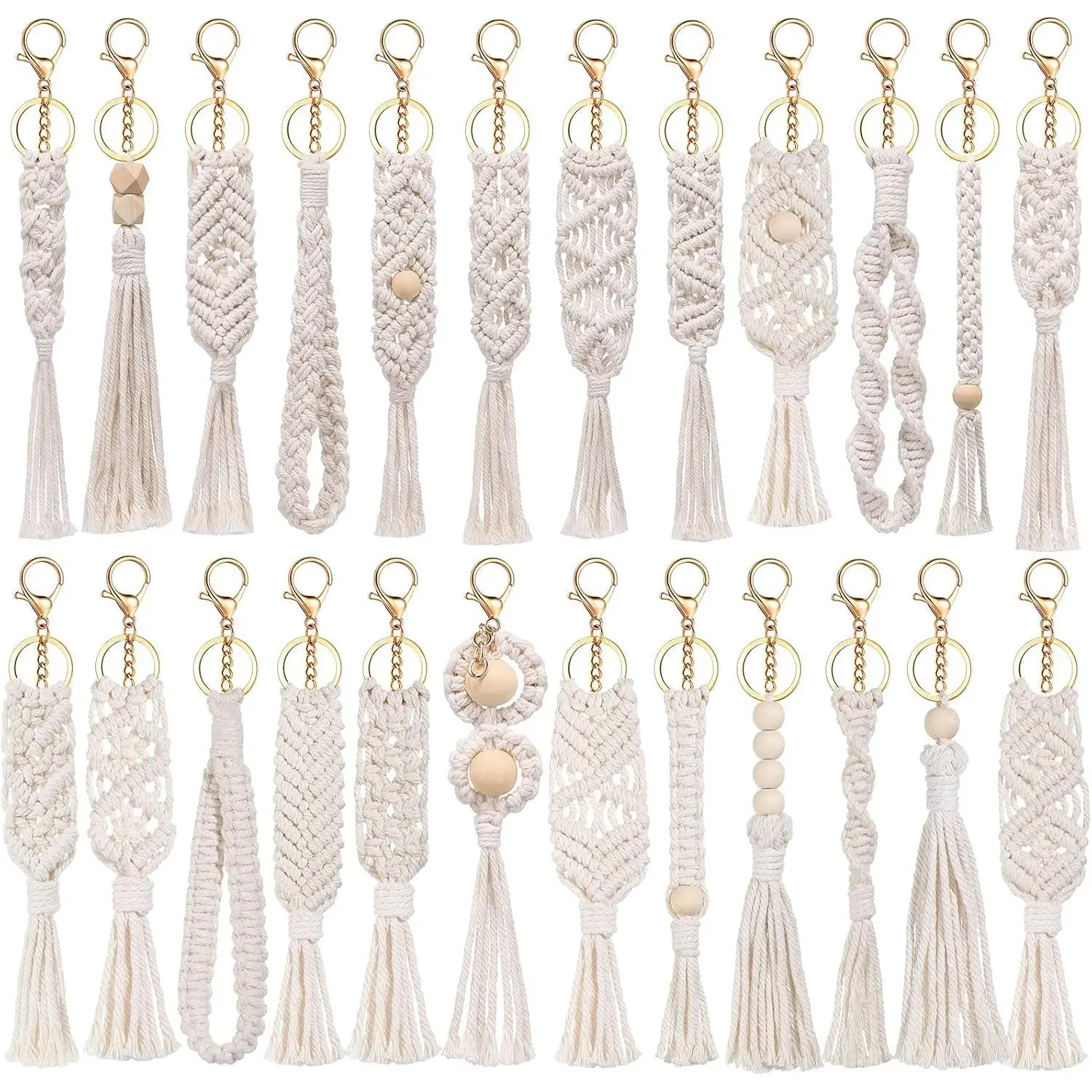 Nosiny 24 Pcs Boho Macrame Keychains Bulk Tassel Bag Charms Keyring Beige