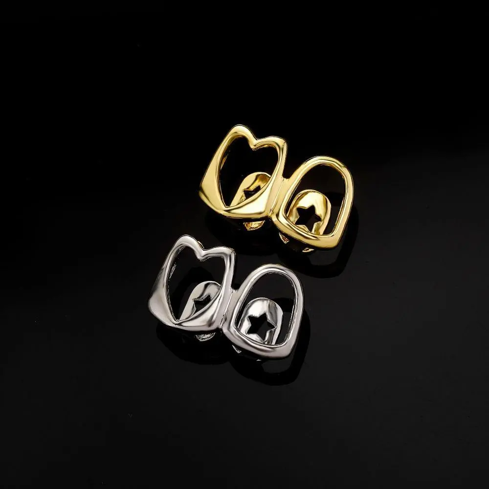 Hollow Double Heart Zircon Gold Grillz Teeth Caps, Smooth Plated Bling Hip Hop Teeth Braces, Trendy Streetwear & Halloween Party Teeth Accessory