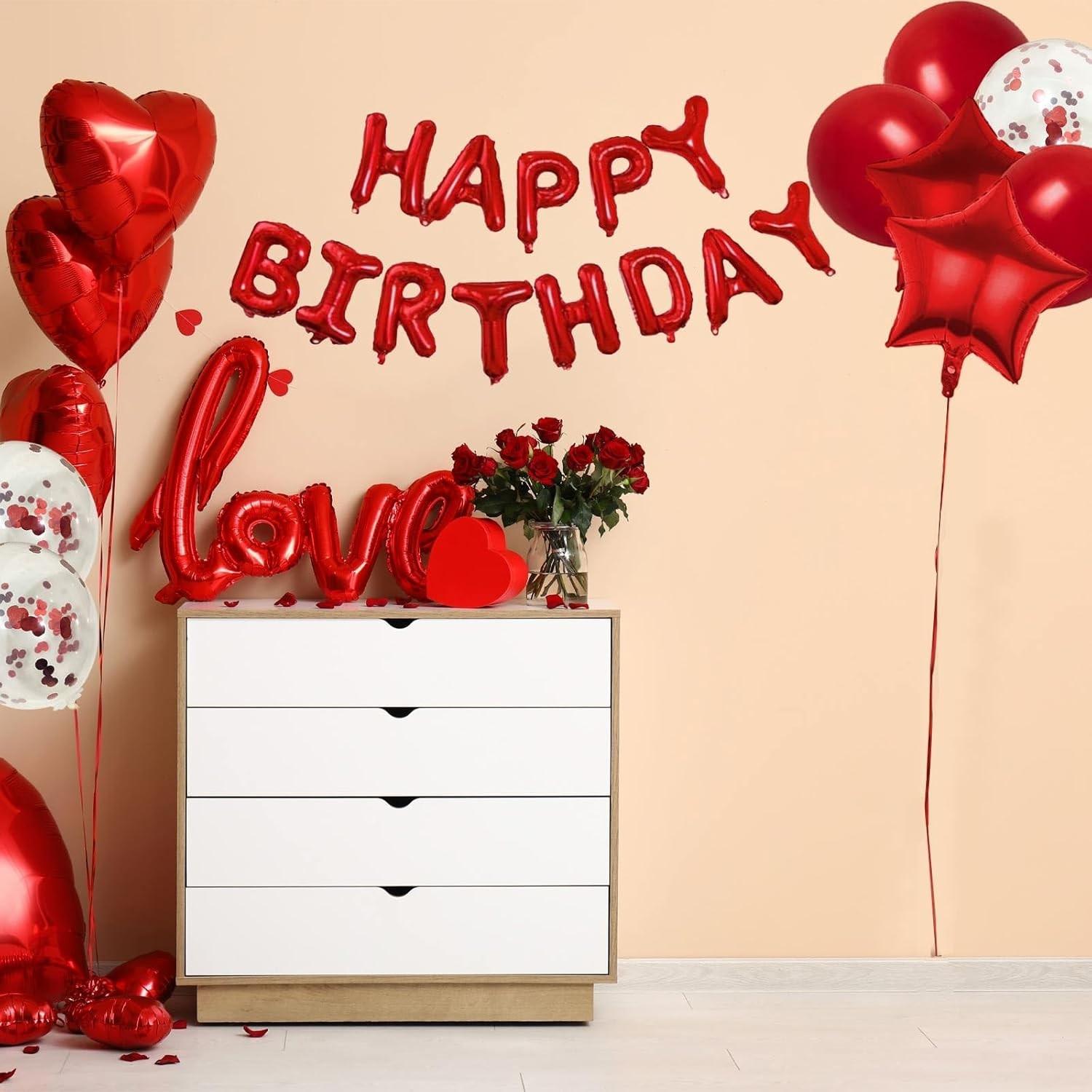 29 Pcs Red Birthday Decorations, 3D Foil Red Happy Birthday Balloon Banner, Pentagram Heart Foil Balloons Confetti Balloons Kit For Boys Girls Birthday Party Supplies