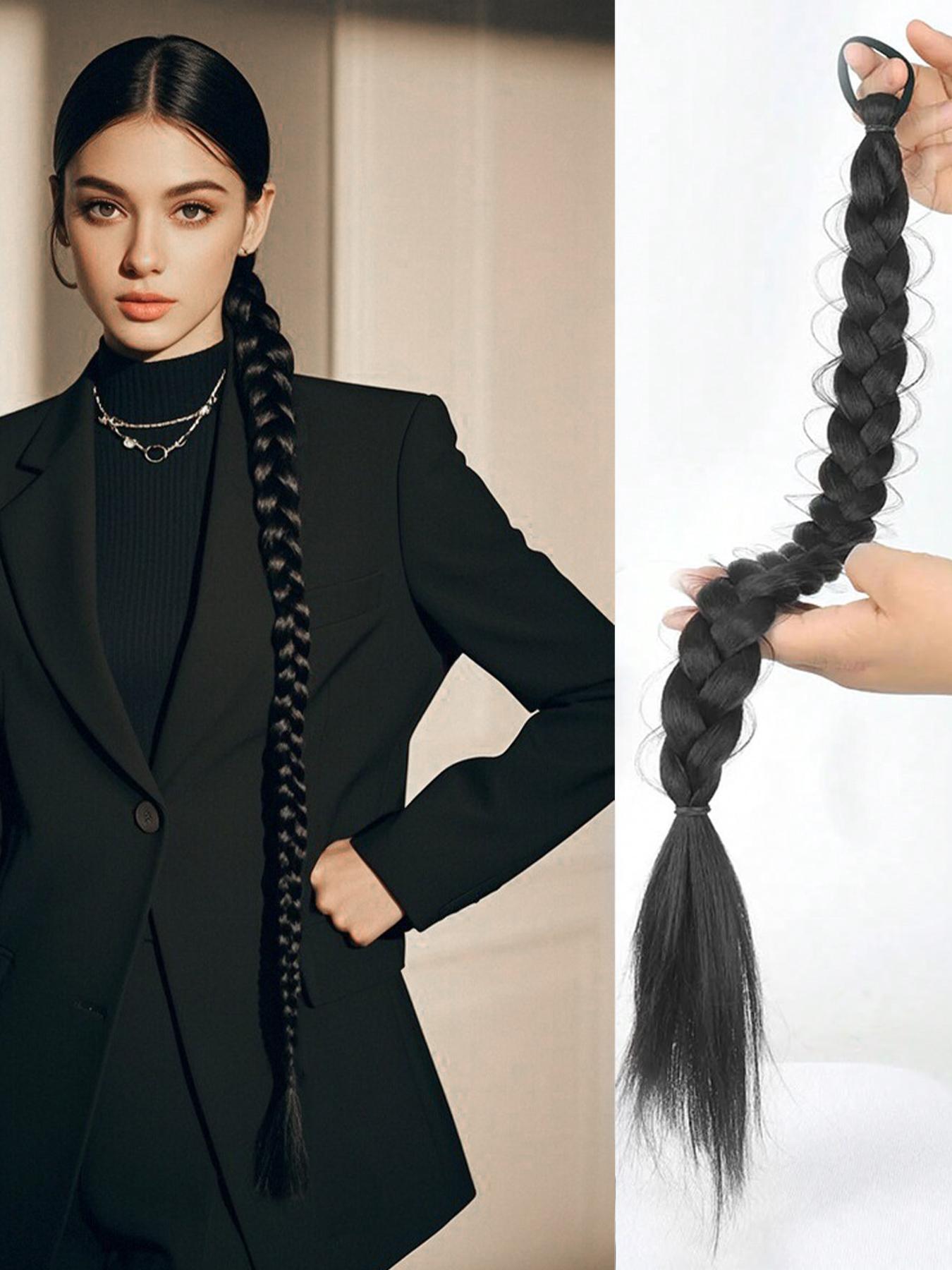 Synthetic Braided Ponytail Extensions, Boxing Braid Wraparound Ponytail, 28 Inch Three Strand Hair Extension, Elastic Hair Tie
