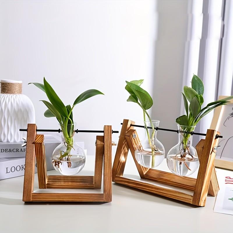 3 Pcs Vase Set, Solid Wood Frame with Glass Vases, Creative Wooden Rack for Spider Plants, Aquatic Plant Decor, Office Desk Decoration, Gift for Friends