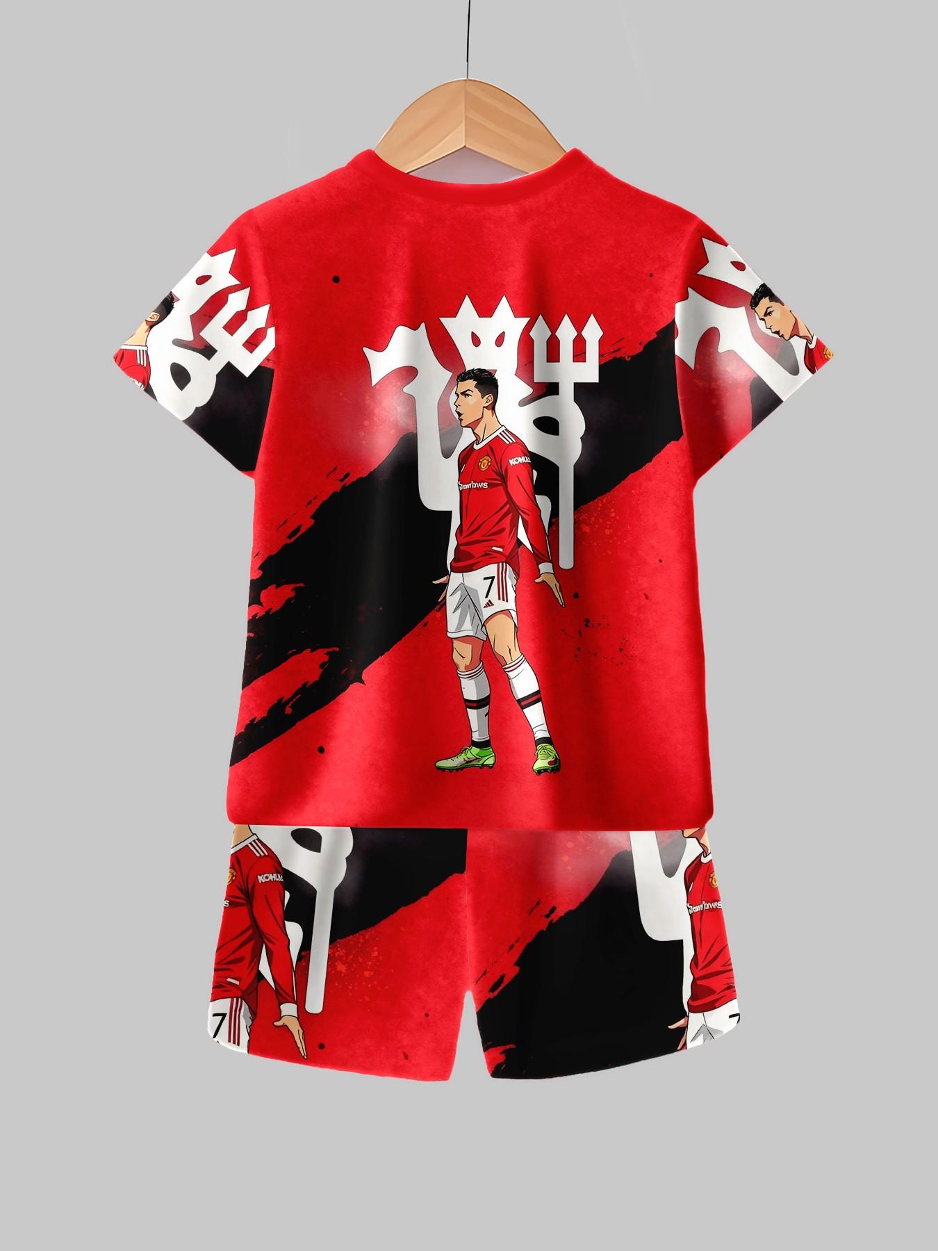 Boys' Colorblock Manchester United Cr7 Anime Print Tee and Track Shorts, Casual Summer, Party, Vacation, School Wear