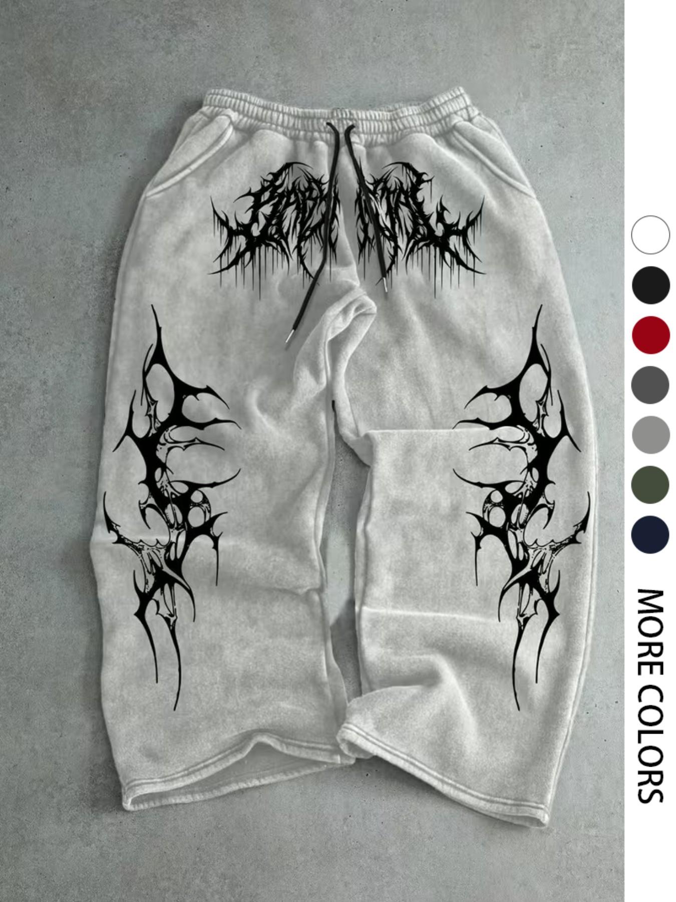 Men's Casual Sport Pants, Fringe Thorn Pattern Print Sweatpants, Drawstring Wide Leg Leisure Long Pants, Suitable for All Seasons