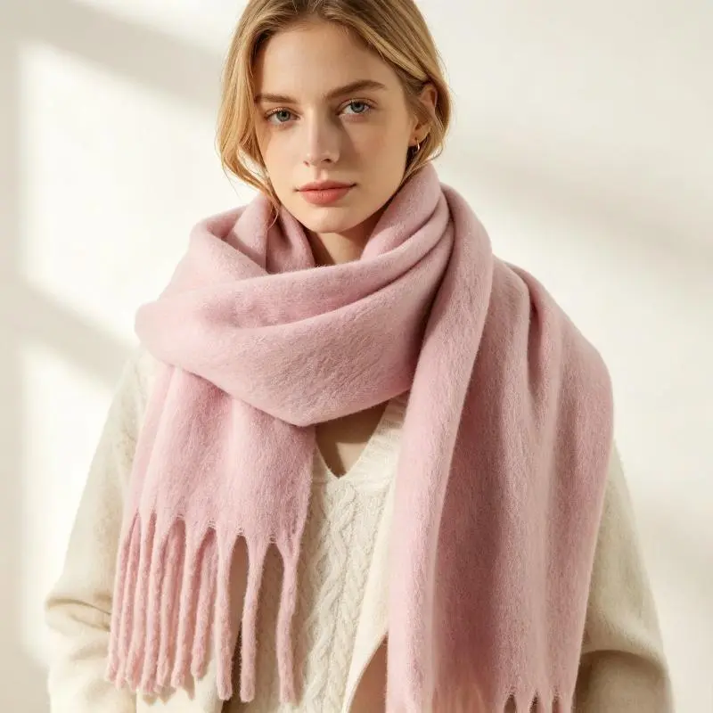 Unisex Solid Tassel Woven Wrap Scarves, Soft Warm Winter Accessory, Versatile Business Casual Shawl