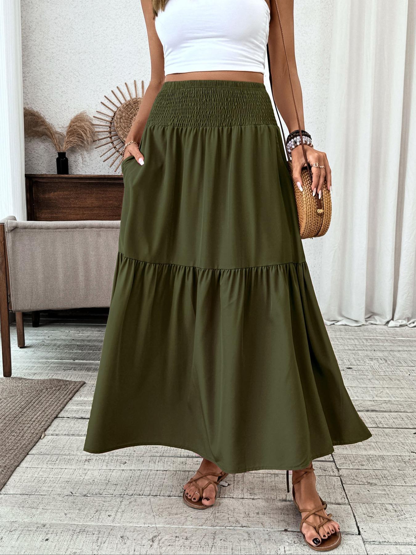 Women's Floral Chic Casual A-Line Ruffled Skirt, Elastic Waist Pockets, Leaf Hem, Long Fitted Skirt, Fashionable Mid-Length Dress