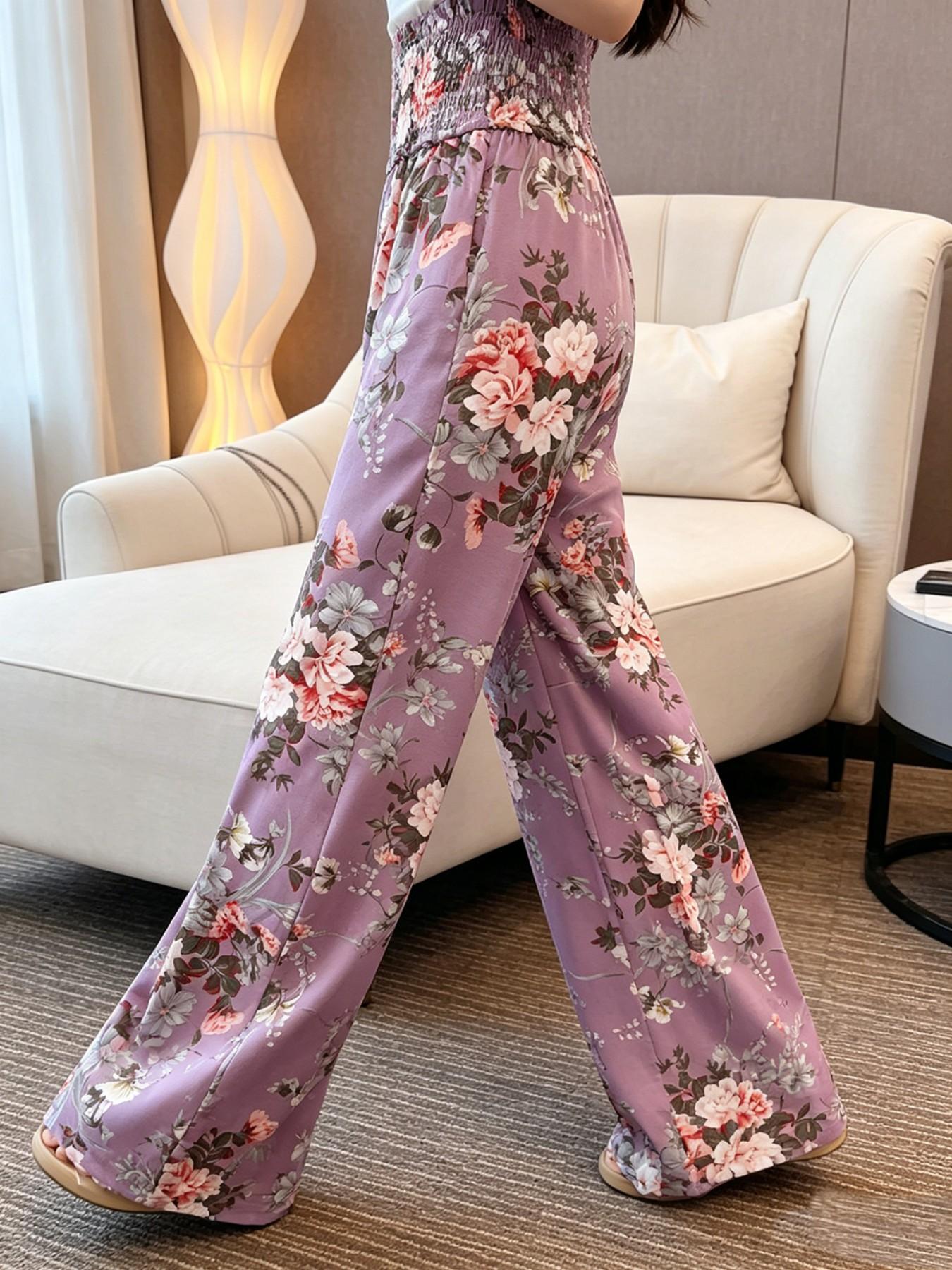 Lavender Floral High Waist Wide Leg Pants, Summer Casual Boho Palazzo Trousers with Pockets, All over Print, Fitted Style