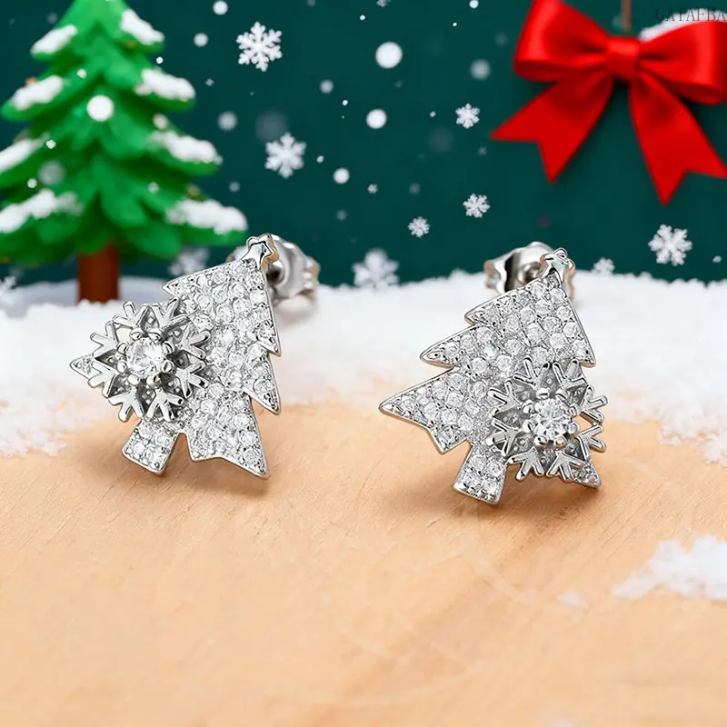 Shiny Tree Shape Christmas Stud Earrings with Sparkling Stones, Romantic Look Unisex Wear Winter Jewelry,back to school,back to school haul