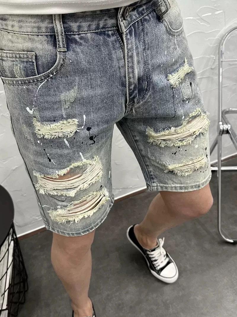 Z356  Men's denim shorts, trendy high street style, heavy-duty ripped, splatter-paint, slim-fit, stretchy mid-length shorts