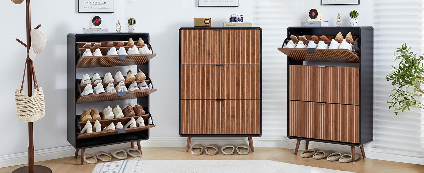 Giratree Modern Mid-Century Wooden Shoe Cabinet, Fluted Design with 2 or 3 Drawers, Stylish Storage Organizer for Entryway, Hallway, or Living Room