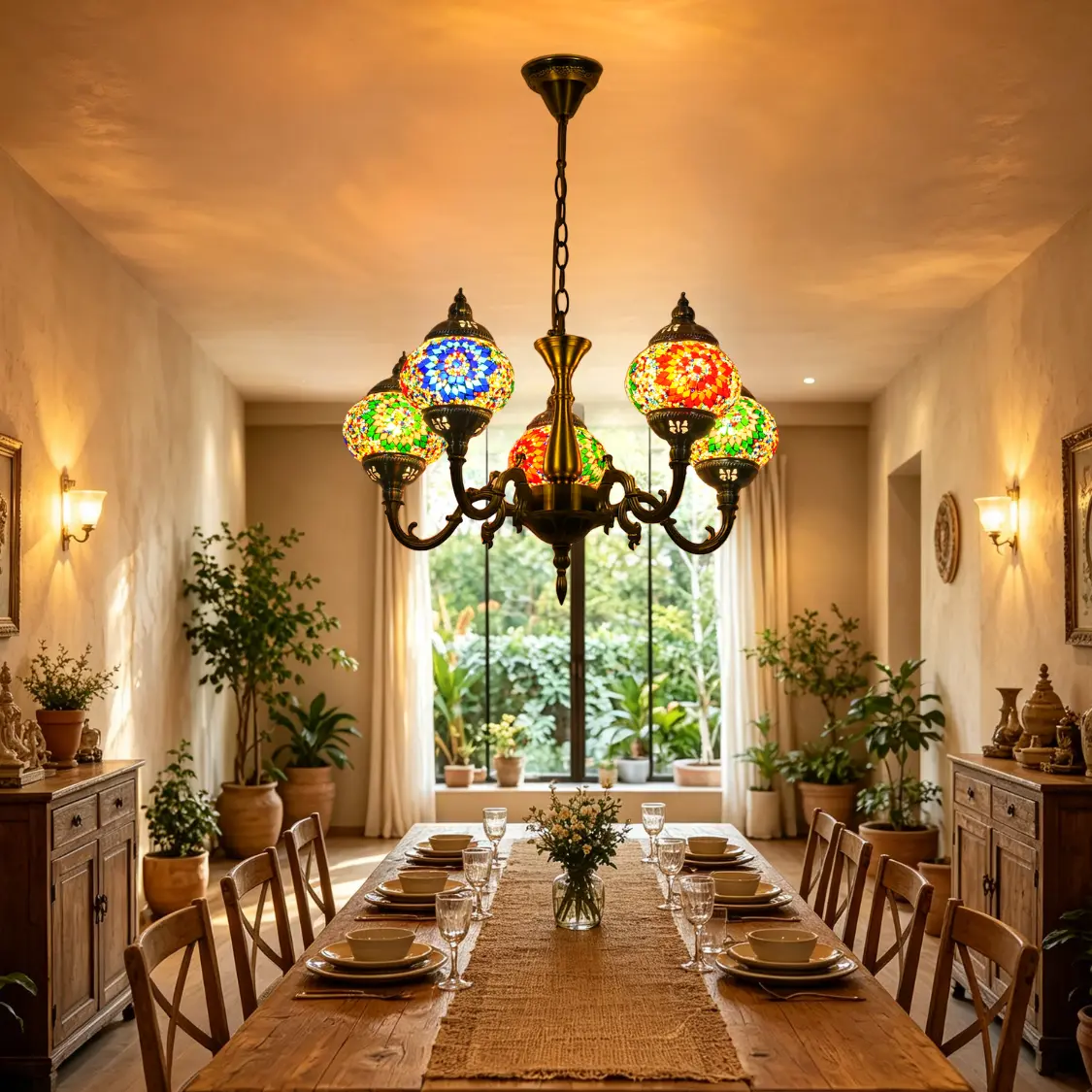 Turkish Mosaic Chandelier, 5-Light Moroccan Bohemian Hanging Lamp, Hand-Cut Colorful Stained Glass  Ceiling Light, E12 Hardwired 110V 23.6in Pendant Light for Dining Room Home Decor