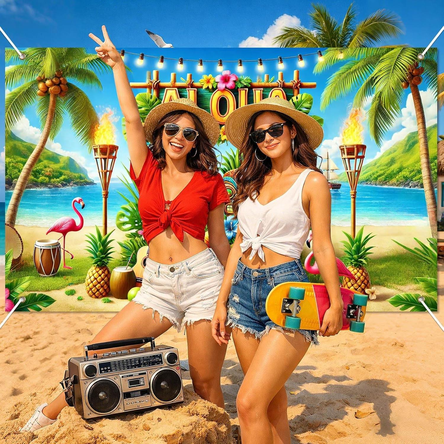 Aloha Hawaii Backdrop Banner, Beach Tropical Photography Decoration, Summer Hawaiian Flamingo Floral Palm Leaves, Party Supplies