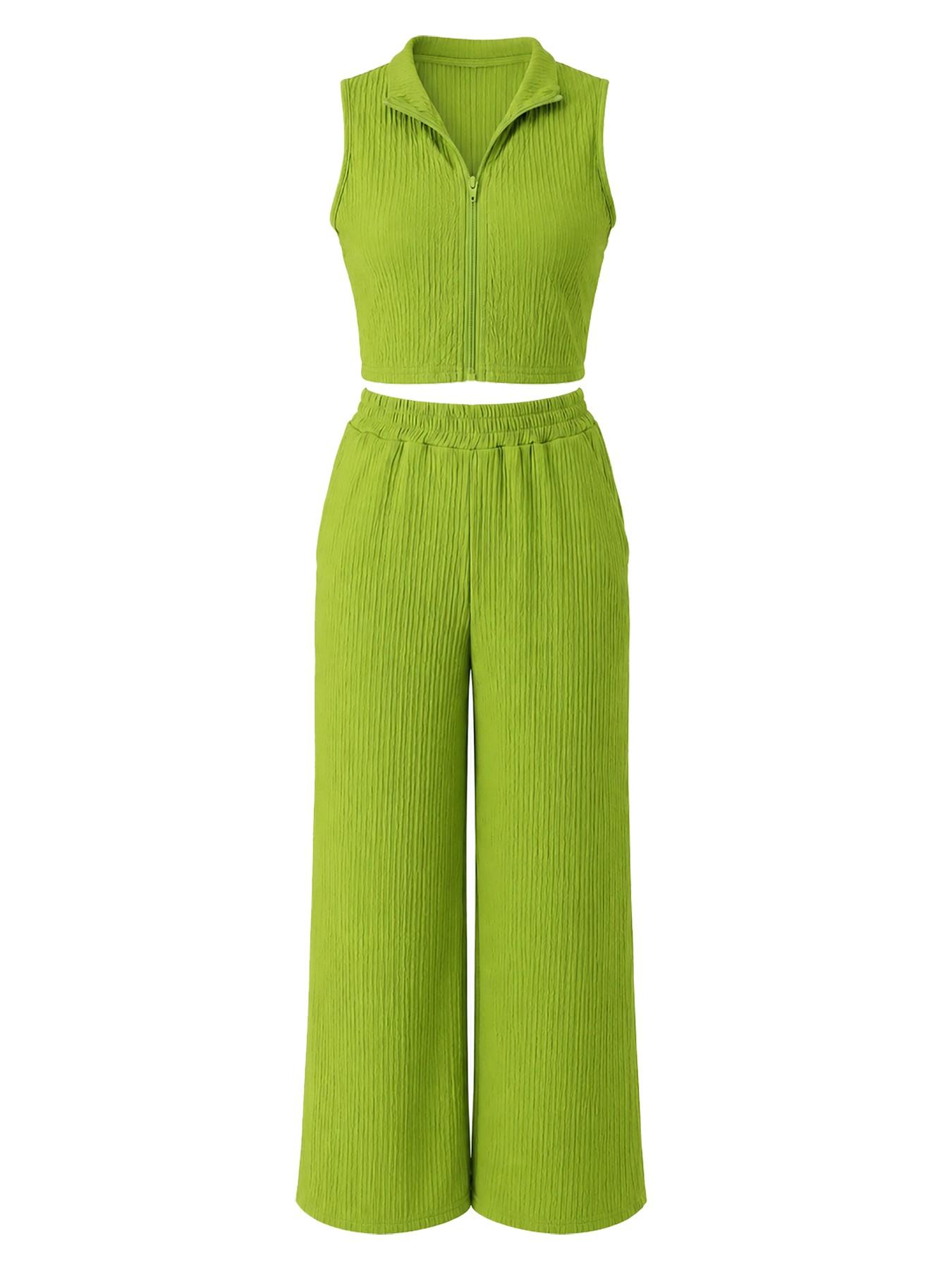 Women's Summer Two-Piece Set Lightweight High-Waisted Casual Chic Long Pants + Zipper Short Sleeveless Tank Top, Streetwear Vacation Style, Casual Outfit Set