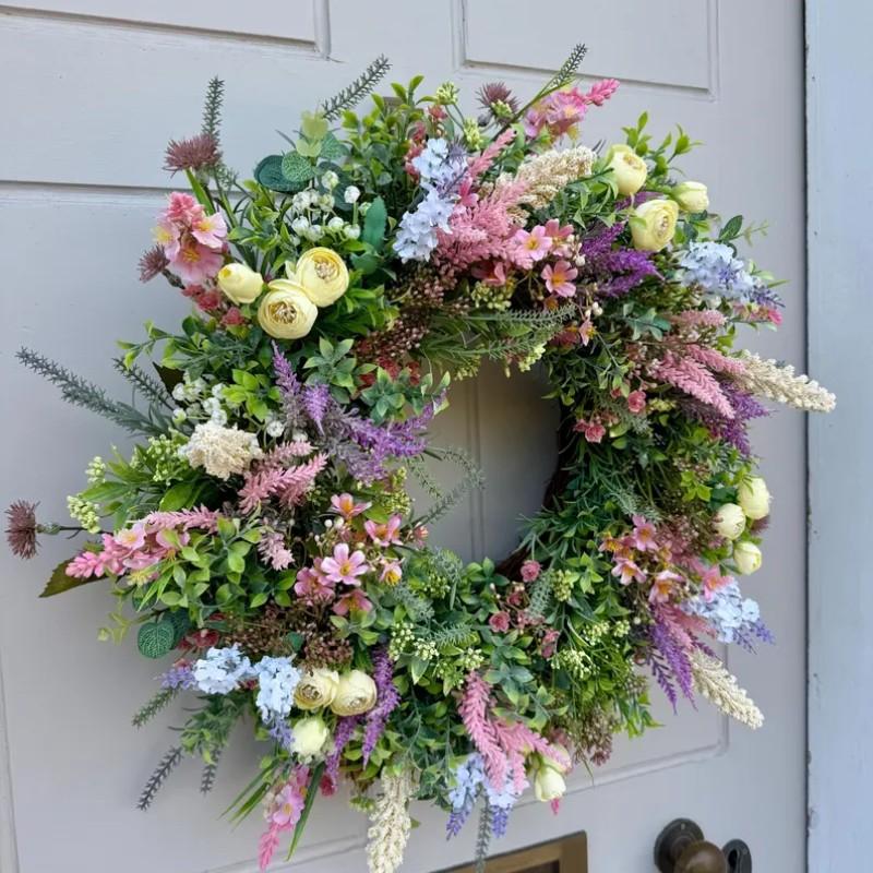 Wildflower Lavender Wreath, Farmhouse Summer Grass Door Decor, All-Season Mother's Day Gift, Spring Wreath, Year-Round Housewarming Present