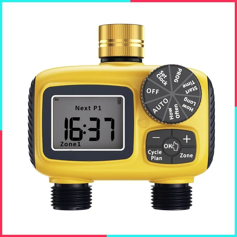 Outdoor Sprinkler Timer with Brass Swivel for Garden Hose - 2 Zone Programmable Water Timer with Rain Delay, Manual & Automatic Irrigation Controller for Lawn, Yard, Garden & Pool