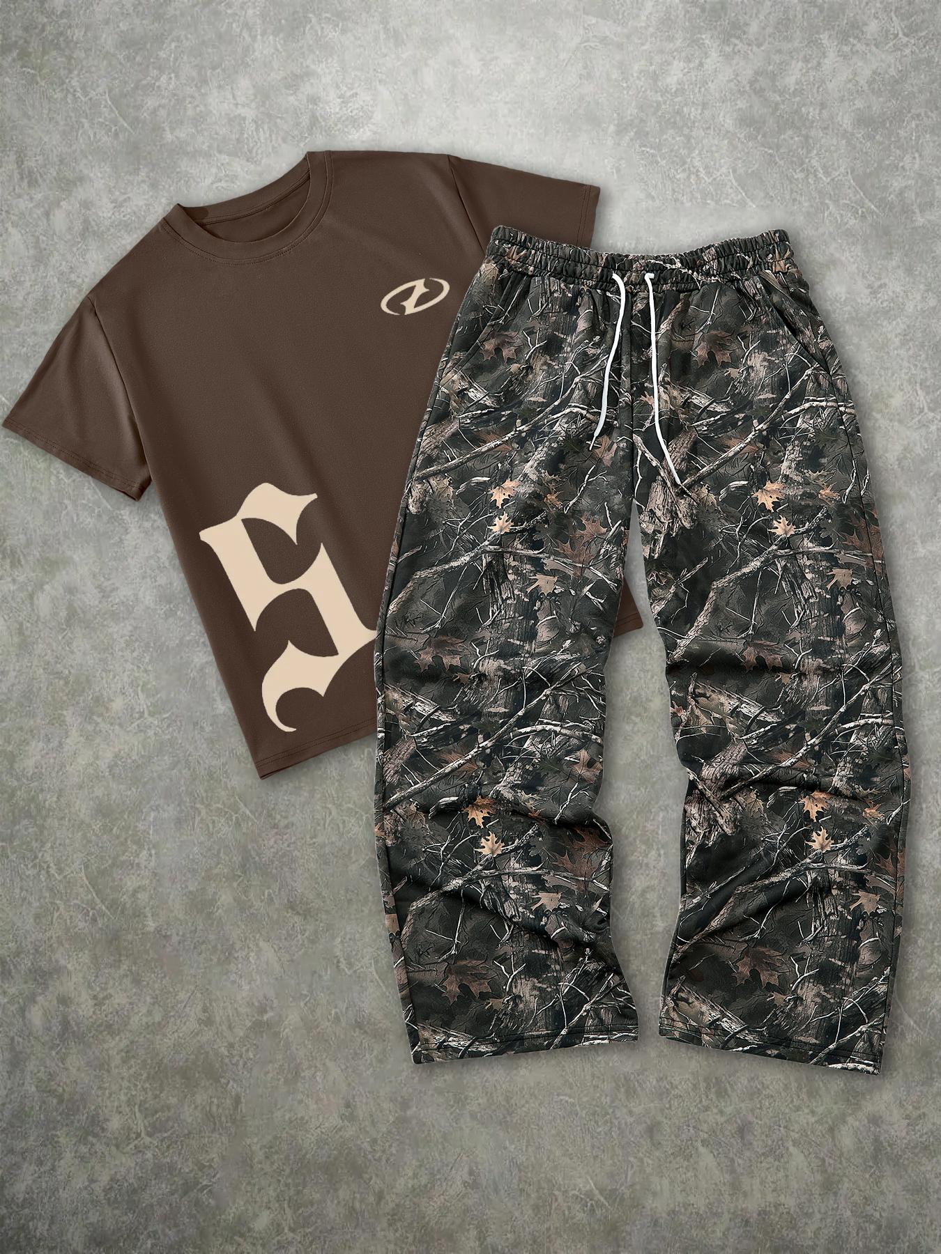 Men's Fashion Streetwear Street Casual Vintage Camouflage Oversized 2-Piece Set, Menswear Letter Print Graphic Short Sleeve T-Shirt & Leaf Camo Wide Leg Pants, Loose Fit Outdoor Adventure Clothes