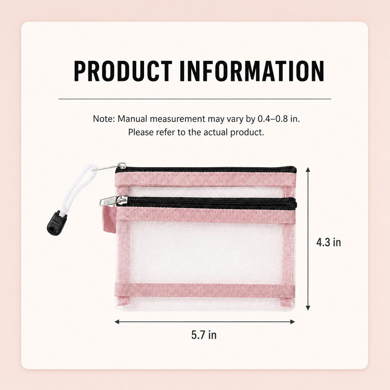 1PC Pink Mesh Zipper Pouch, Double-Compartment Cosmetic Bag with Wrist Strap, Cute See-Through Pencil Case and Travel Organizer for Purse Essentials