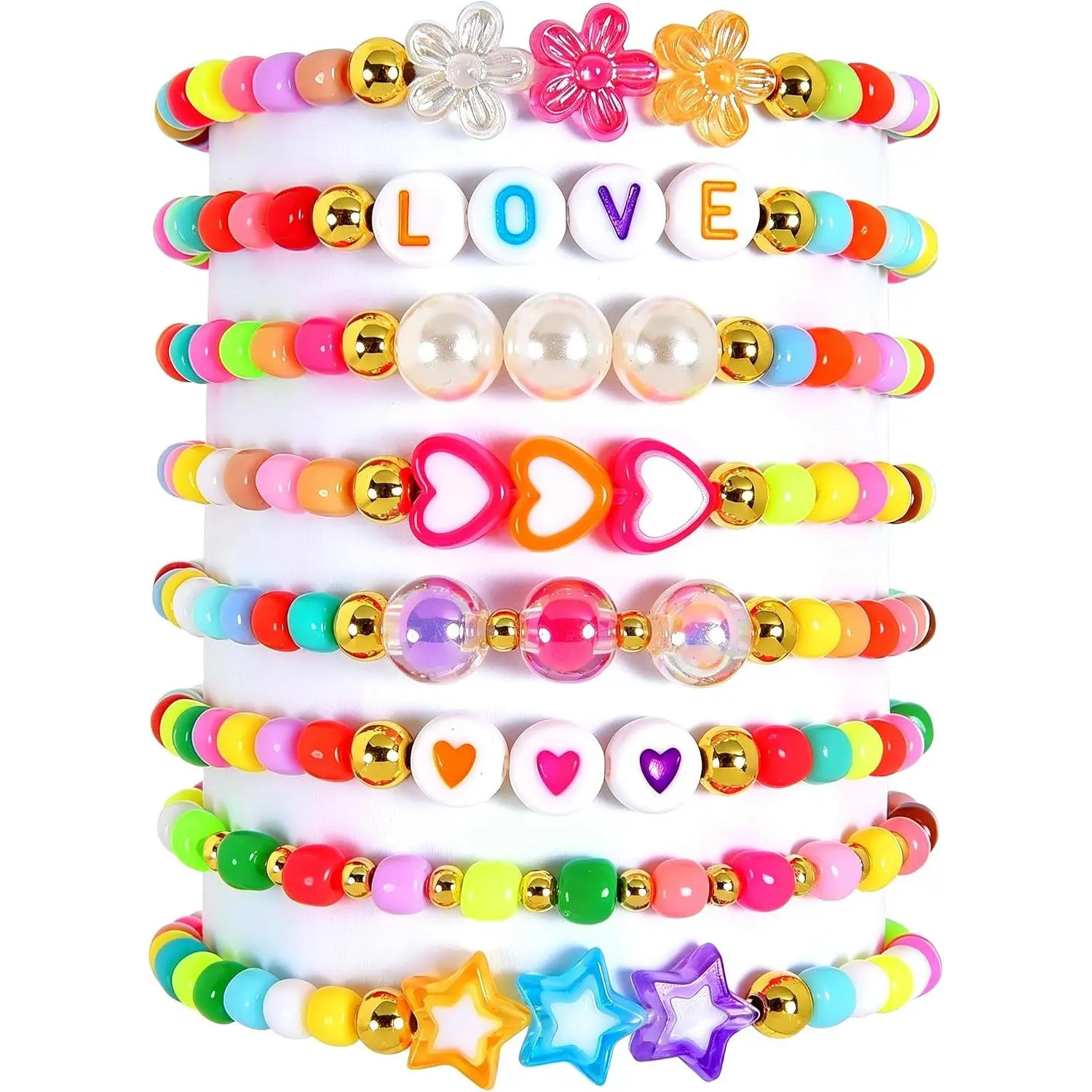 Women's 8-Pack Friendship Bracelet Set - Wrist Candy, Casual Wear, Boho Chic Aesthetic, Love Charms, Rainbow Plastic Beads, Adjustable Size Costume Jewelry