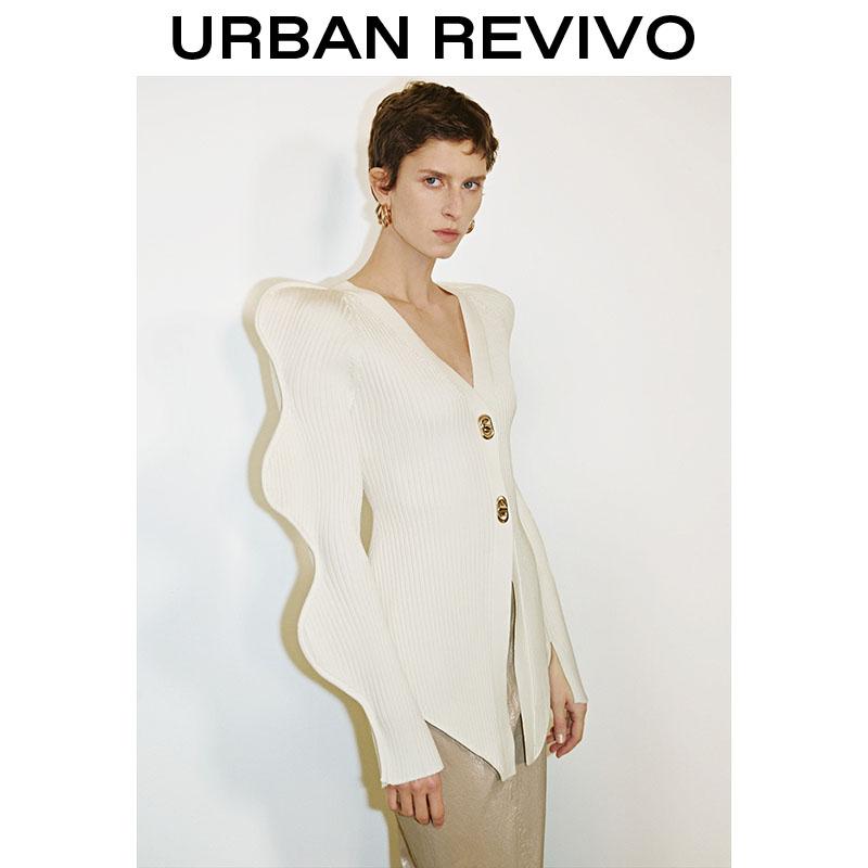 URBAN REVIVO springtok Oversized Puff Sleeve Brown Knit Cardigan - Bold V-Neck Button Front for Trendy Women Skinny Knitted