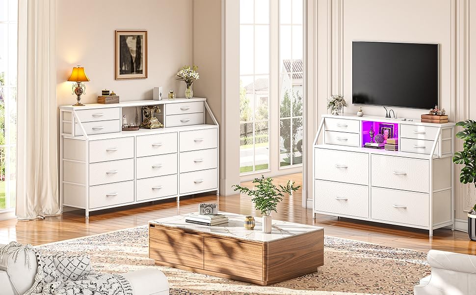 Raybee Furniture 8/10 Drawers Dresser for Bedroom, with Charging Station and LED, Sturdy Chest of Drawers Organizer, with 2 Open Shelves for Storage,Bedroom, Living Room,Hallway
