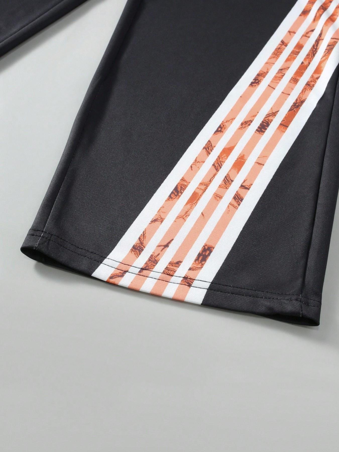 Men's Vintage Twin Eagle Badge Striped Sports Pants, Elastic Waist Drawstring Streetwear Wide Leg Pants, American Retro Casual Sweatpants