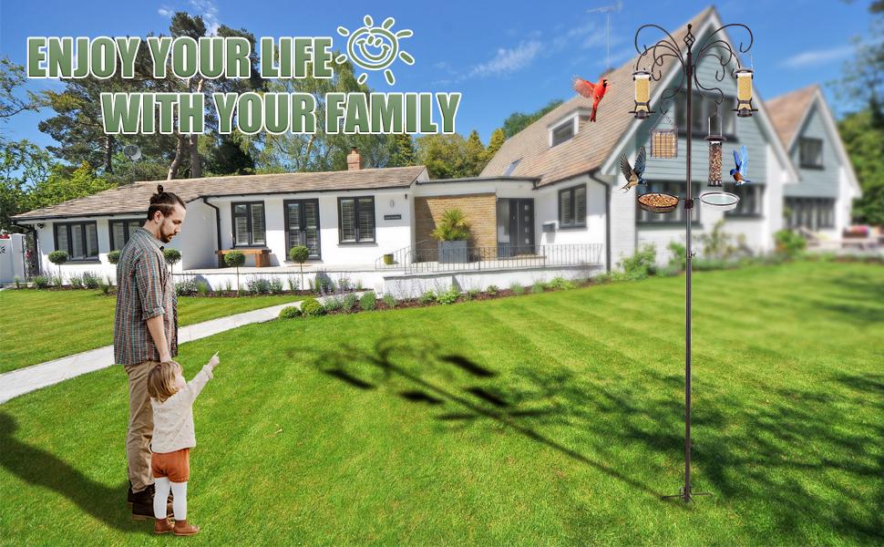93 Inch Squirrel Proof Bird Feeder Pole Station with 4 Feeders Water Tray Food Tray & Spring for Outdoor Use Enhanced Stability Easy Clean Design