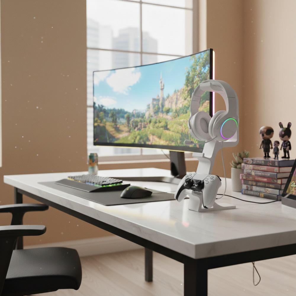 PS5, Xbox controller bracket & earphone holder, gamepad + earphone storage bracket, gamepad storage, durable plastic, space-saving, simple white and black, high-quality plastic.