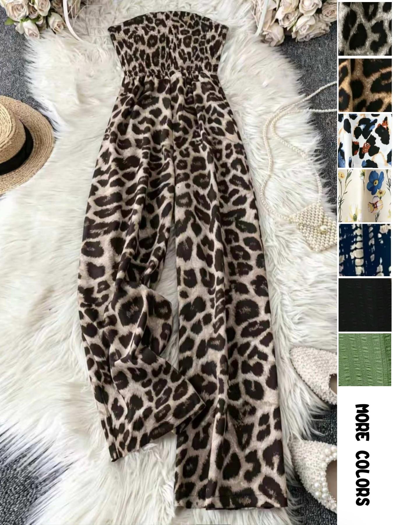 Women's Leopard Print Shirred Wide Leg Jumpsuit, Casual Sleeveless Tube Jumpsuit for Vacation Holiday, Ladies Clothes for All Seasons