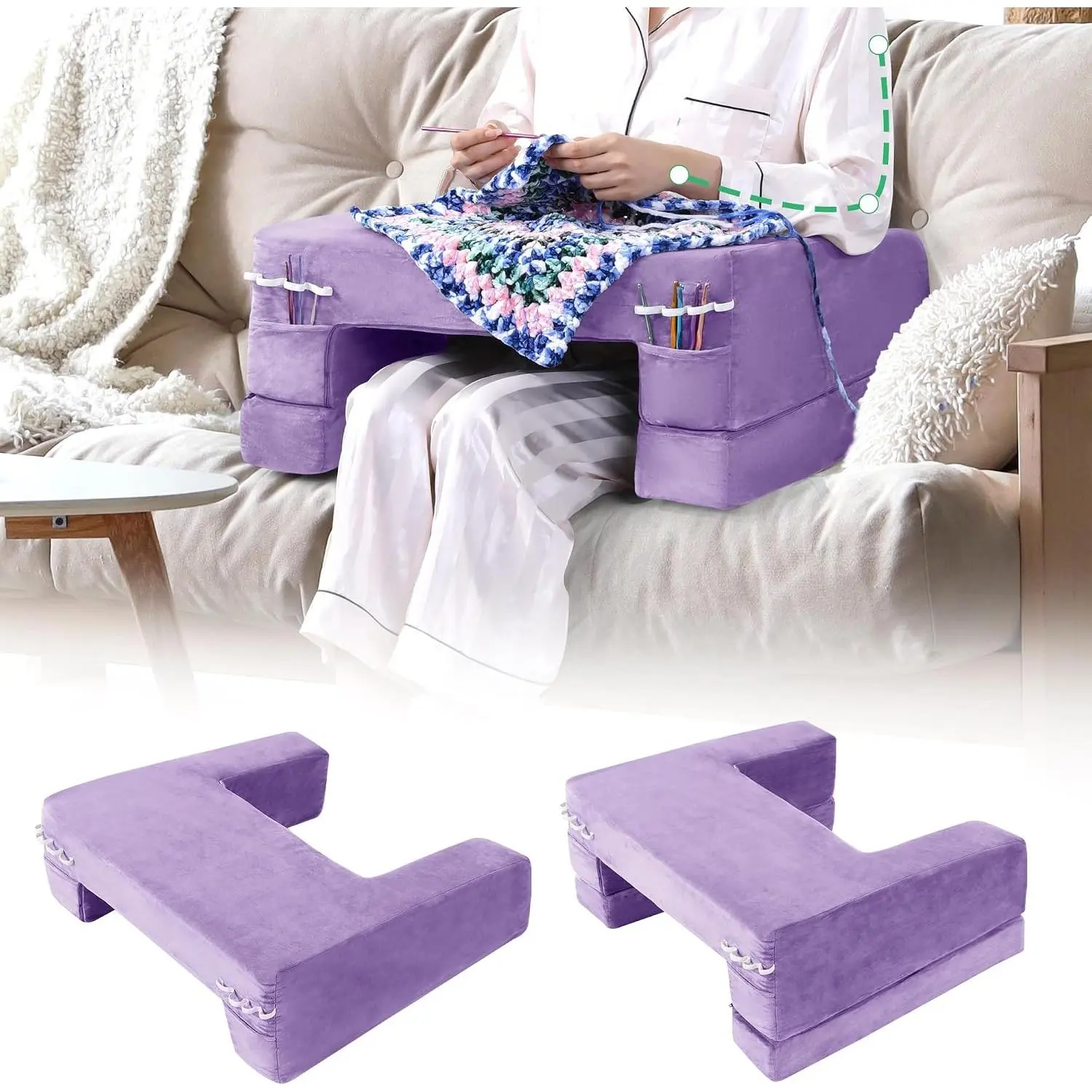 Adjustable Foam Crochet Pillow for Lap Support, Soft Velvet Reading & Gaming Pillow with Side Pocket and Elastic Band, Desk Pillow for Sofa, Bed & Floor, Heights for Adjusting (Purple)