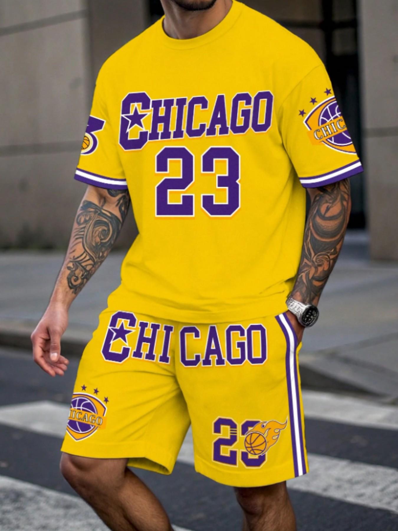 Men's Street College Basketball Jersey Set, Chicago Fire 23 Number 3D Print Two-Piece Basketball Shirt, Casual Fitted All over Print Sportswear Clothing