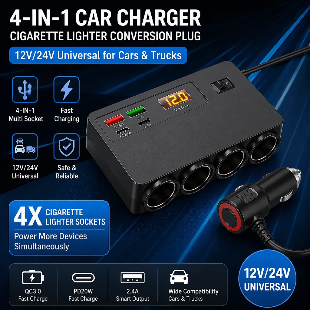 4 Ports USB Fast Charge Car Charger, Vehicle Cigarette Lighter Converter Plug Fit 12V & 24V Vehicles