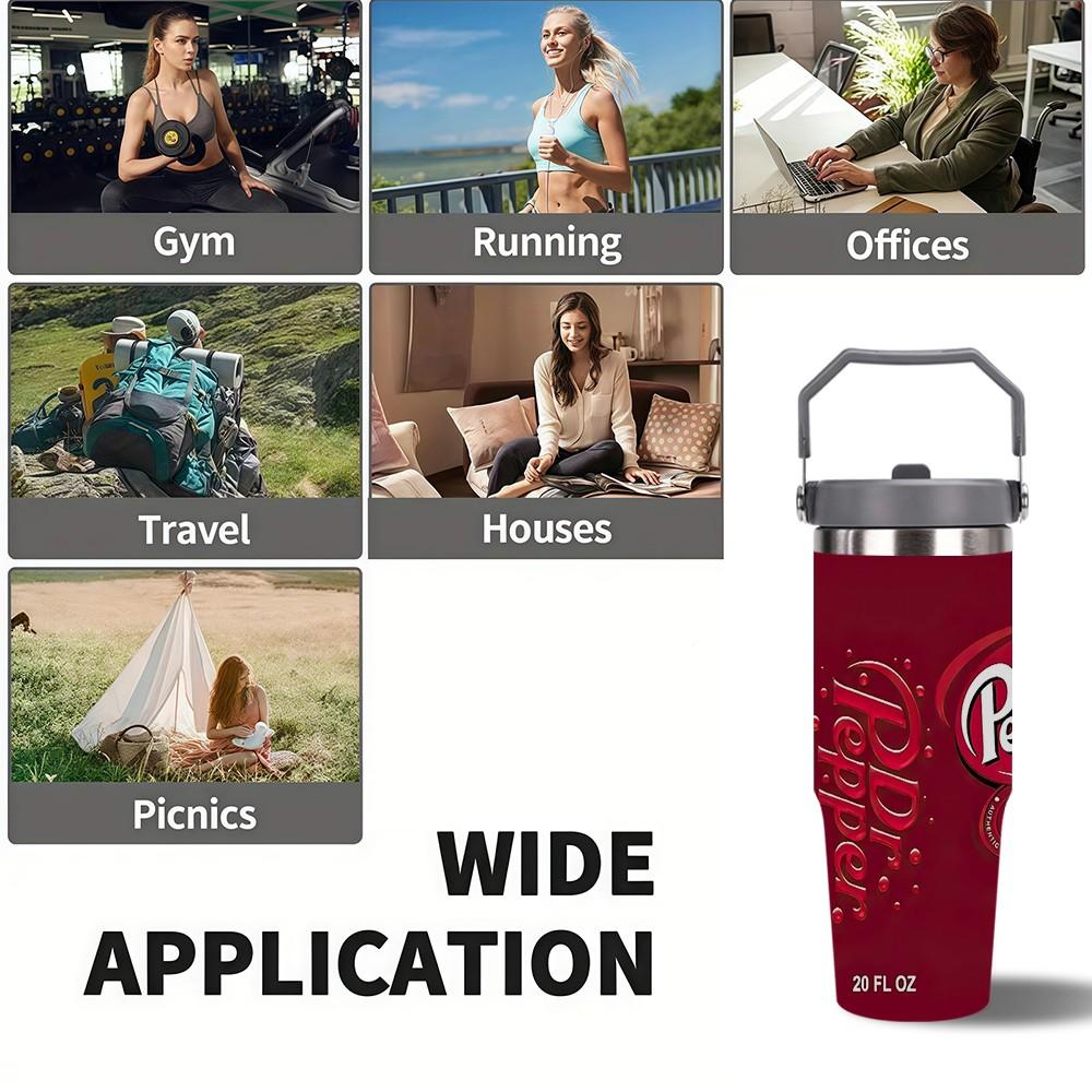 1pc 30oz Portable stainless steel insulated cup, Leakproof Insulated Tumbler, Dr Pepper Theme Car Travel Tumbler with handle and straw, leak-proof lid, school travel cup, insulated coffee cup, Home Office Car Accessory, Holiday Gift
