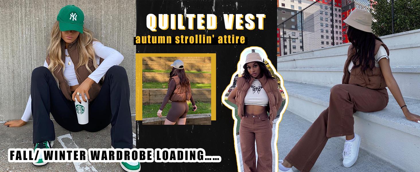 Yeokou Women's Beige Cropped Puffer Vest Stand Collar Full Zip Sleeveless Warm Padded Jacket for Casual Autumn Wear