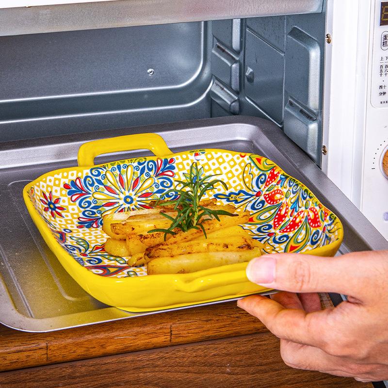 Bohemian Style Ceramic Bakeware Set, 4 Counts/set Square Dual-handle Plates for Baking Fruits Pasta, Oven & Microwave Safe Dishes for Home Use, Salad Serving Plates