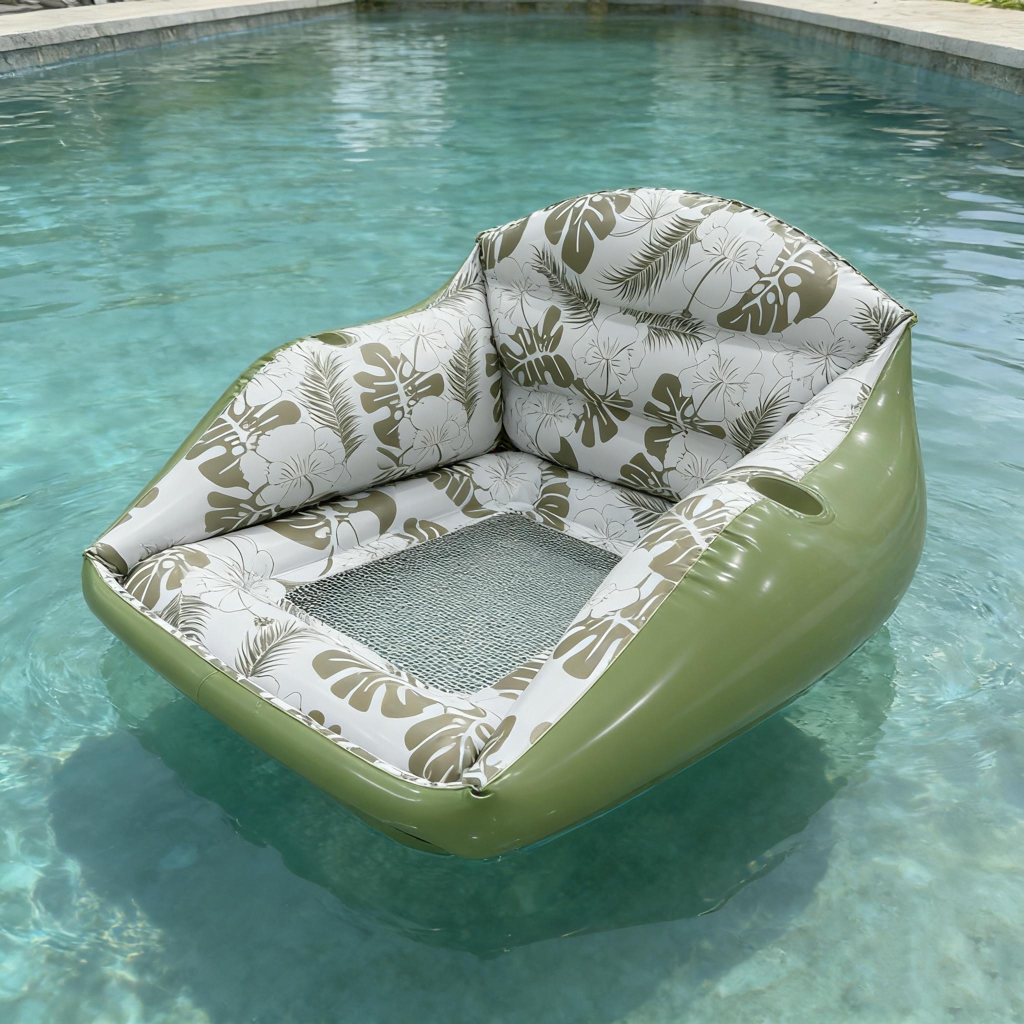 Adult Large Inflatable Water Sofa, Tropical Style Float Chair with Cup Holder, Pool Toy, Outdoor Use, 3-In-1 Inflatable Lounge