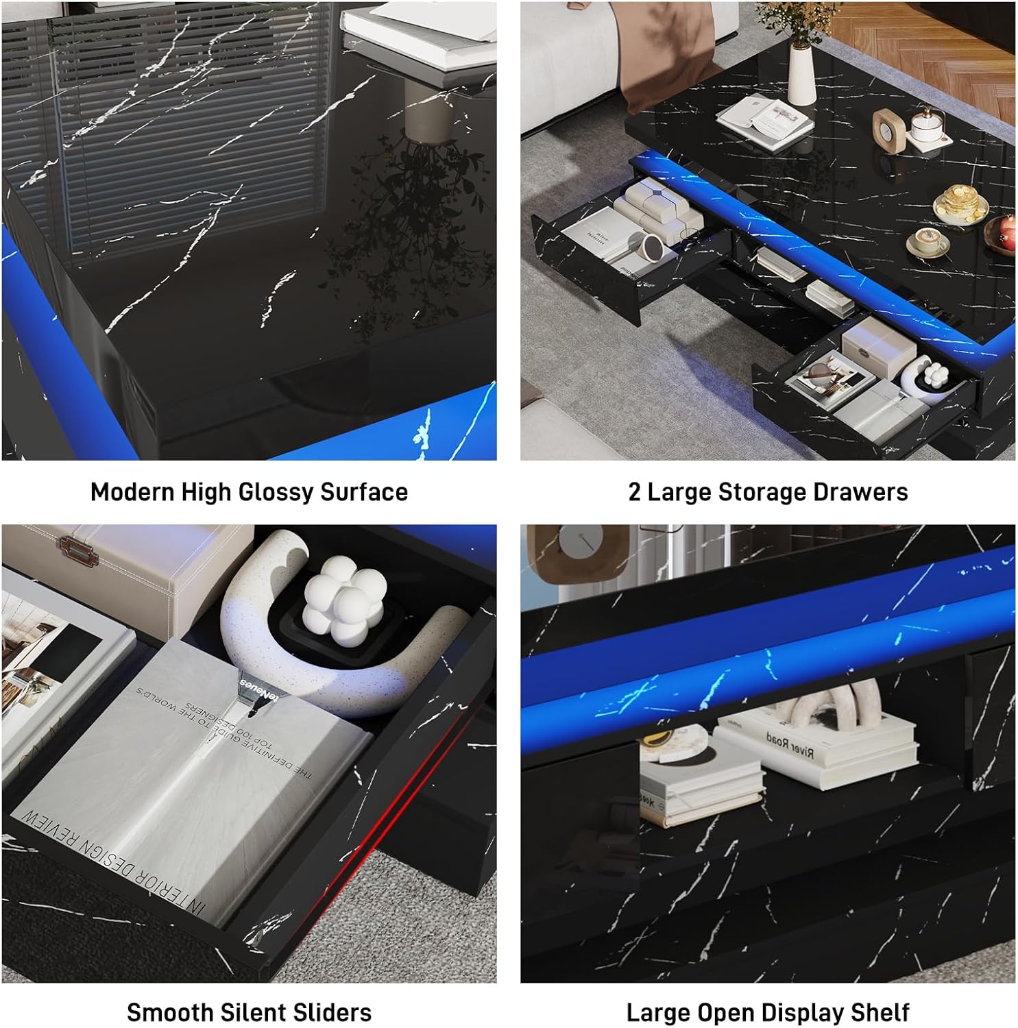 47.2 inch Modern High Glossy LED Coffee Table with 2 Sliding Drawers, Double-Layer Center Tables with LED Lights for Livings Room Furniture, Black