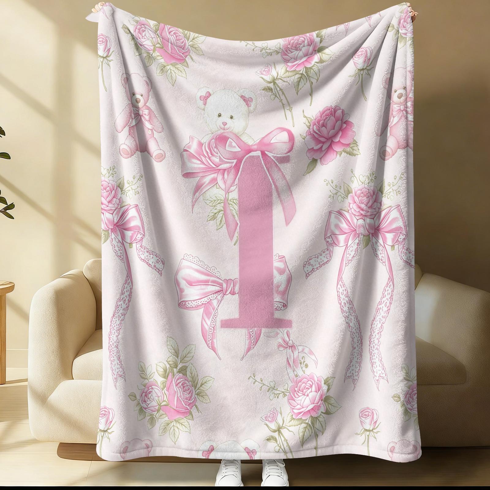 Pink Coquette Initial Letter Throw Blanket, Soft Fuzzy Plush, Teddy Bear & Rose Floral, Girly Bow Print, Lightweight for Couch Bed Office, All Seasons, Aesthetic Room Decor, Perfect Gift
