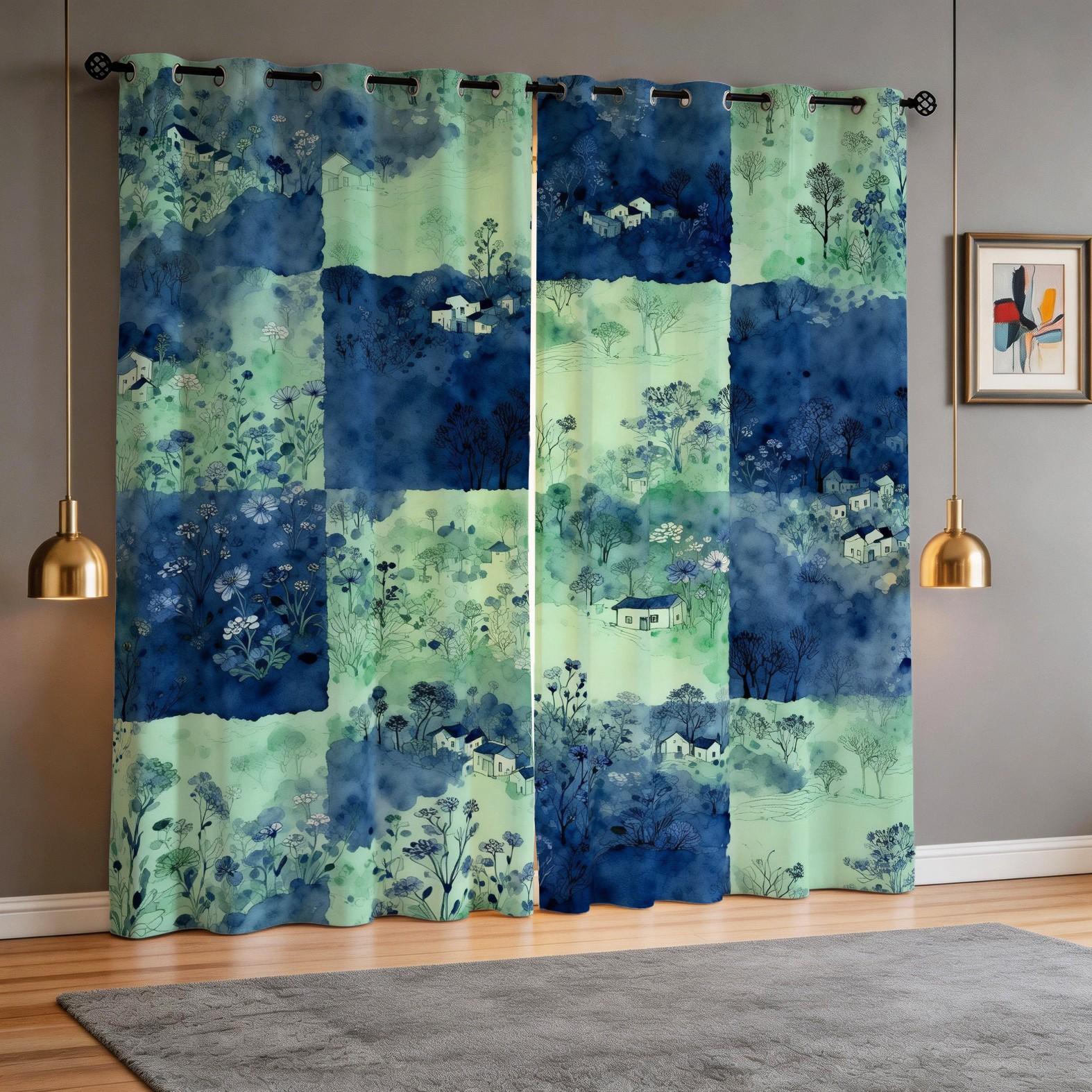 2 Panels Watercolor Landscape Checkered Curtains, HD Digital Printed Blackout Curtains, 85% Light Blocking Rate, Dustproof Decorative Curtains for Bedroom and Living Room