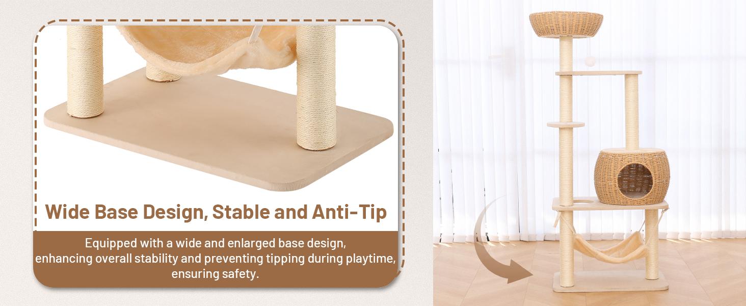 Multi - Level Rattan Cat Tree Tower with Scratching Posts & Lounging Areas for Indoor Cats