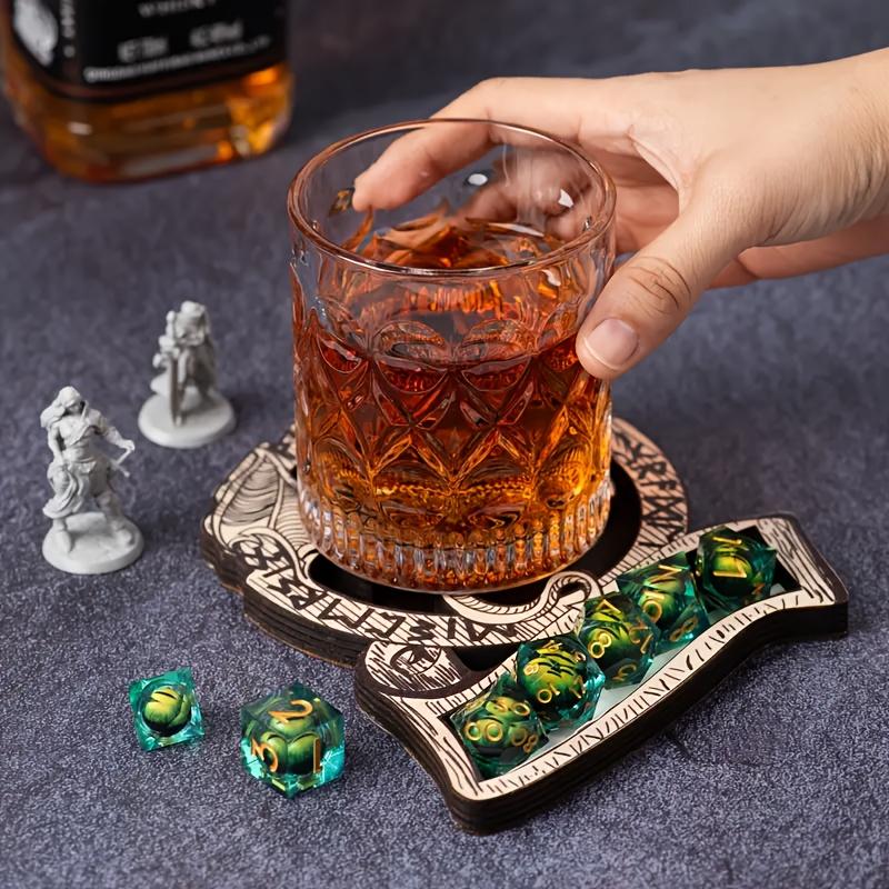 Wooden D&d Dice Cup Mat, Holds 7 Polyhedral Dice, Classic Rpg Dragon Icon, Durable Game Accessory, Perfect Gift for Gamers, Bar Kitchen Home Use