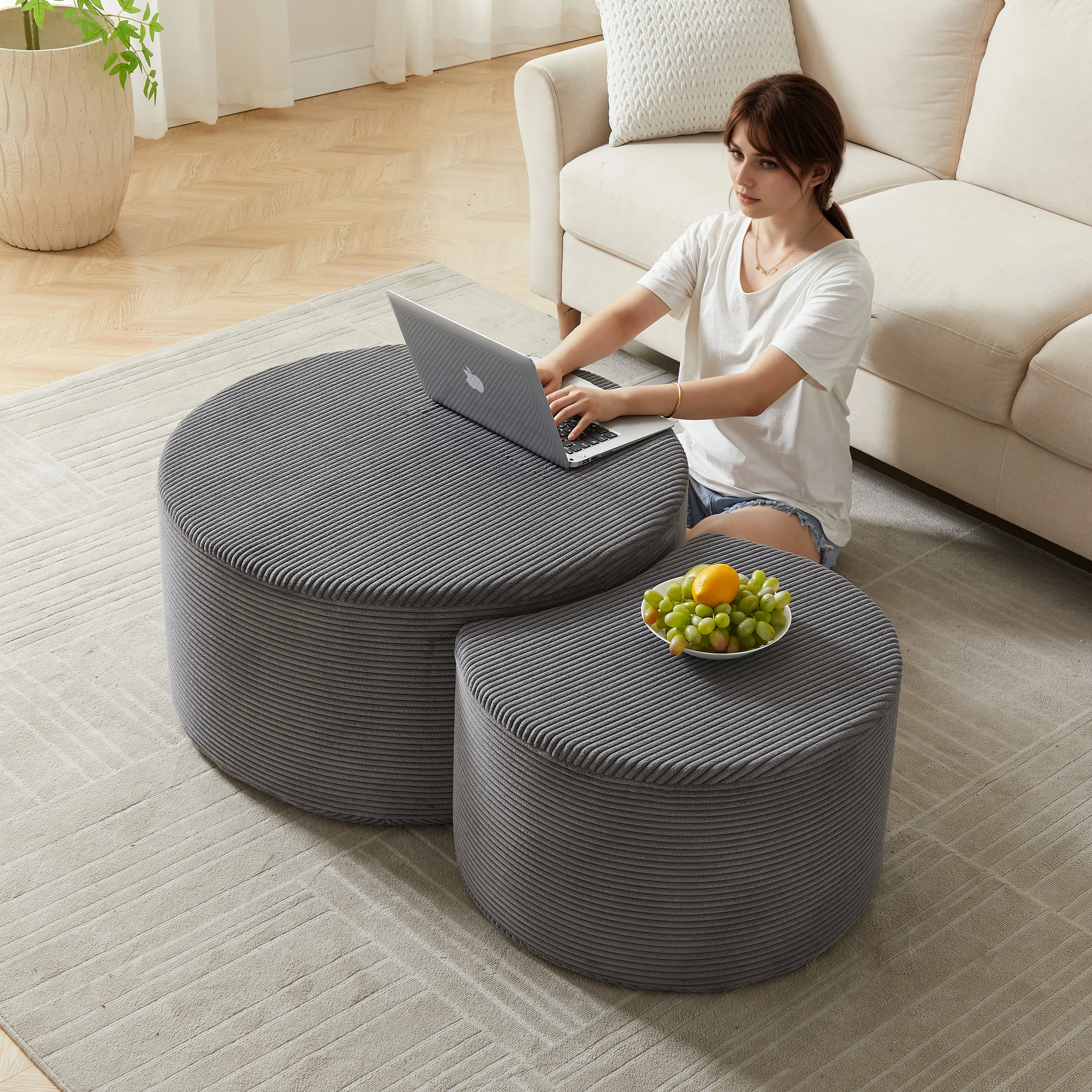Nokaa Nesting Coffee Table Set of 2 Upholstered Round Ottoman Tables for Living Room, Modern Corduroy Foam Side Table End Table Footrest Stool, No Assembly Needed, Space Saving, Multipurpose Furniture, Grey Color, Corduroy Material