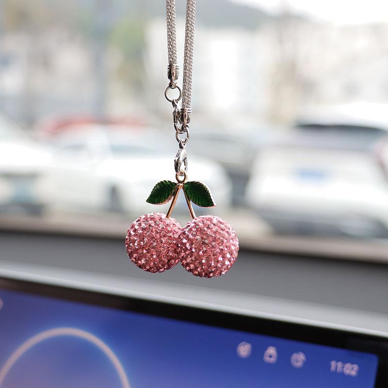Bling Rhinestone Strawberry Cherry Car Hanging Ornament Sparkling Crystal Fruit Rearview Mirror Charm Aesthetic Car Interior Decor Accessories for Women Girls
