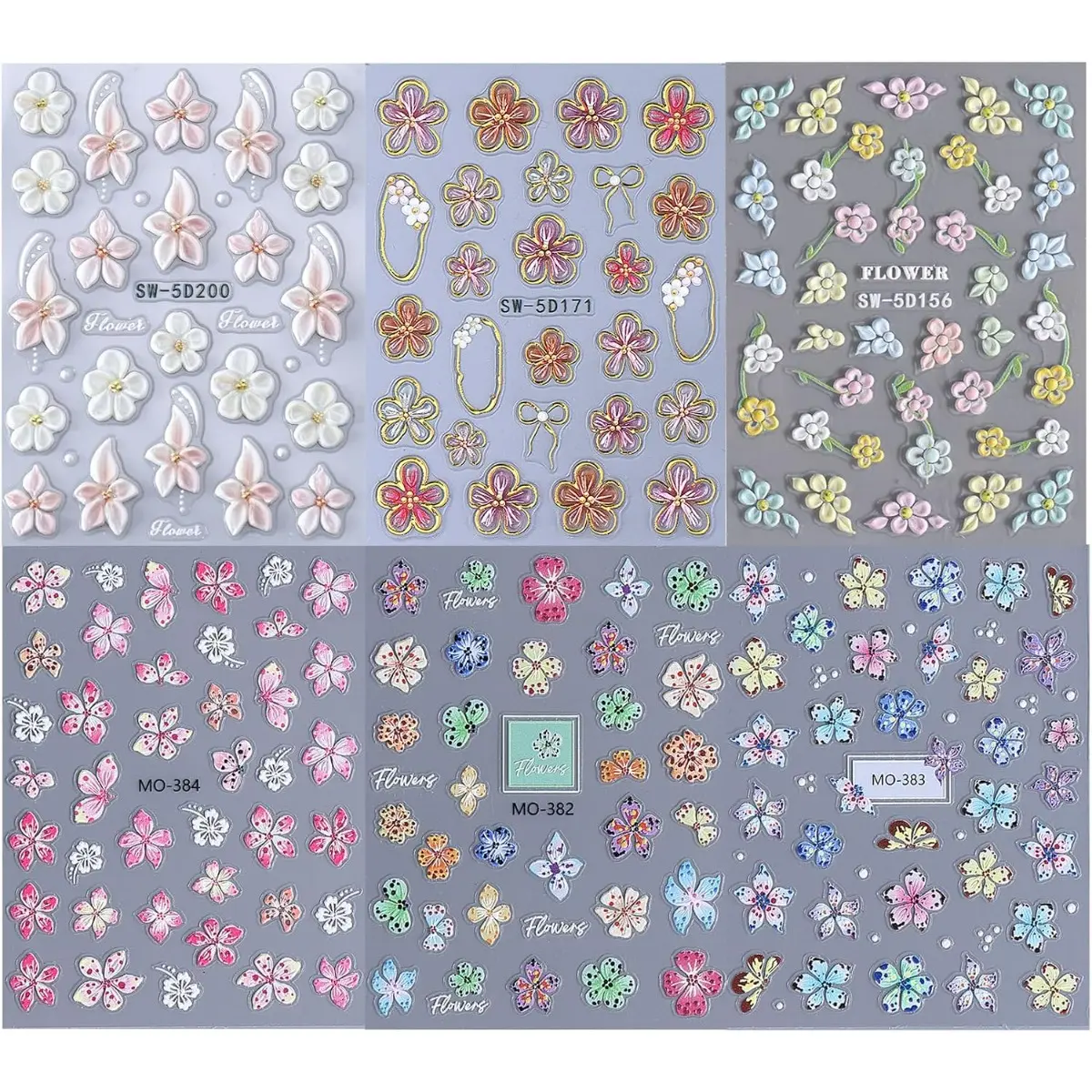 6PCS 5D Flowers Embossed Hibiscus Nail Stickers, Self Adhesive Summer Spring Flower Nail Art Decoration for Women, White Pink Hawaiian Floral Petals Nail Art Decoration