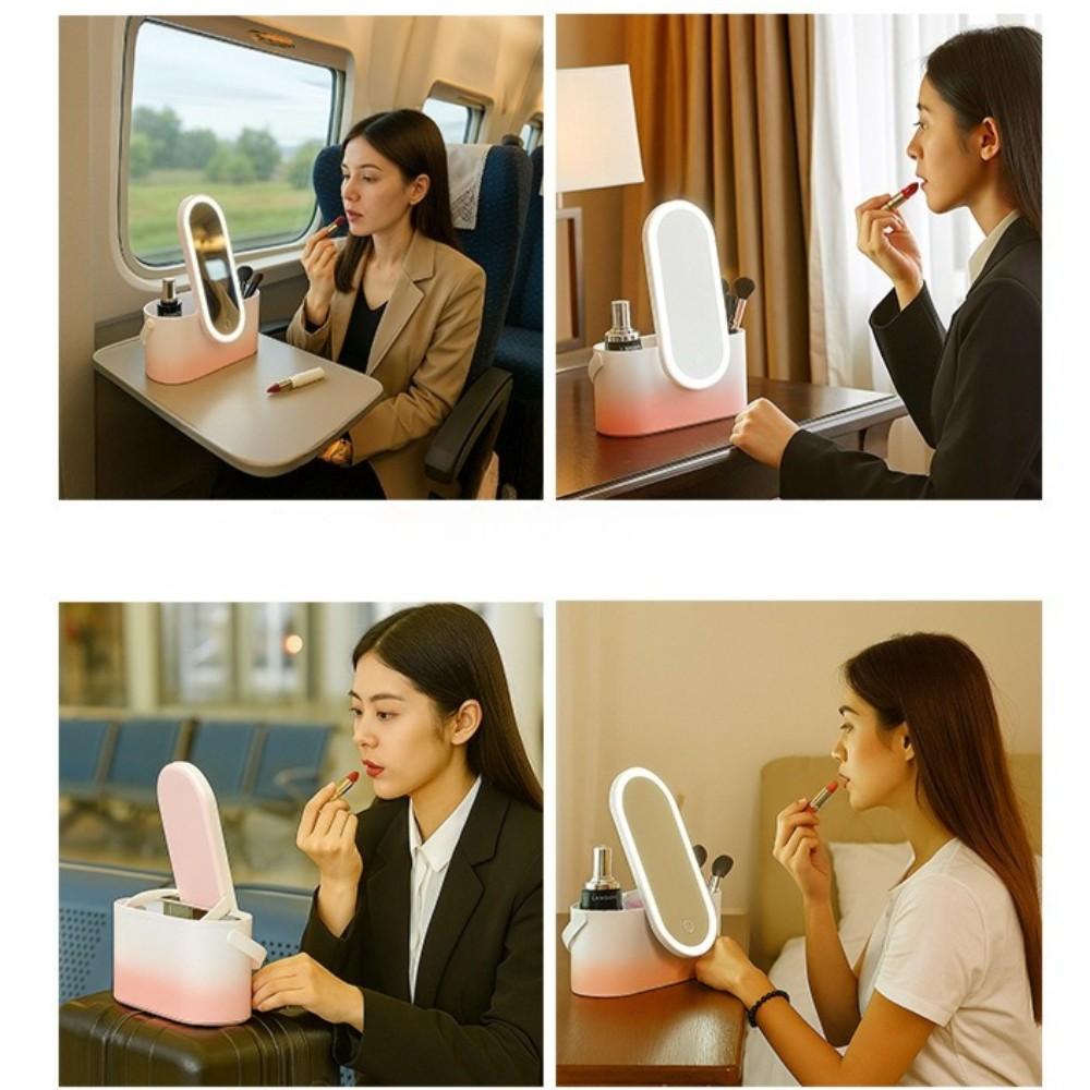 Cosmetic Organizer Box with LED Makeup Mirror, Portable Travel Light-Up Mirror, Multi-Functional Mobile Makeup Station