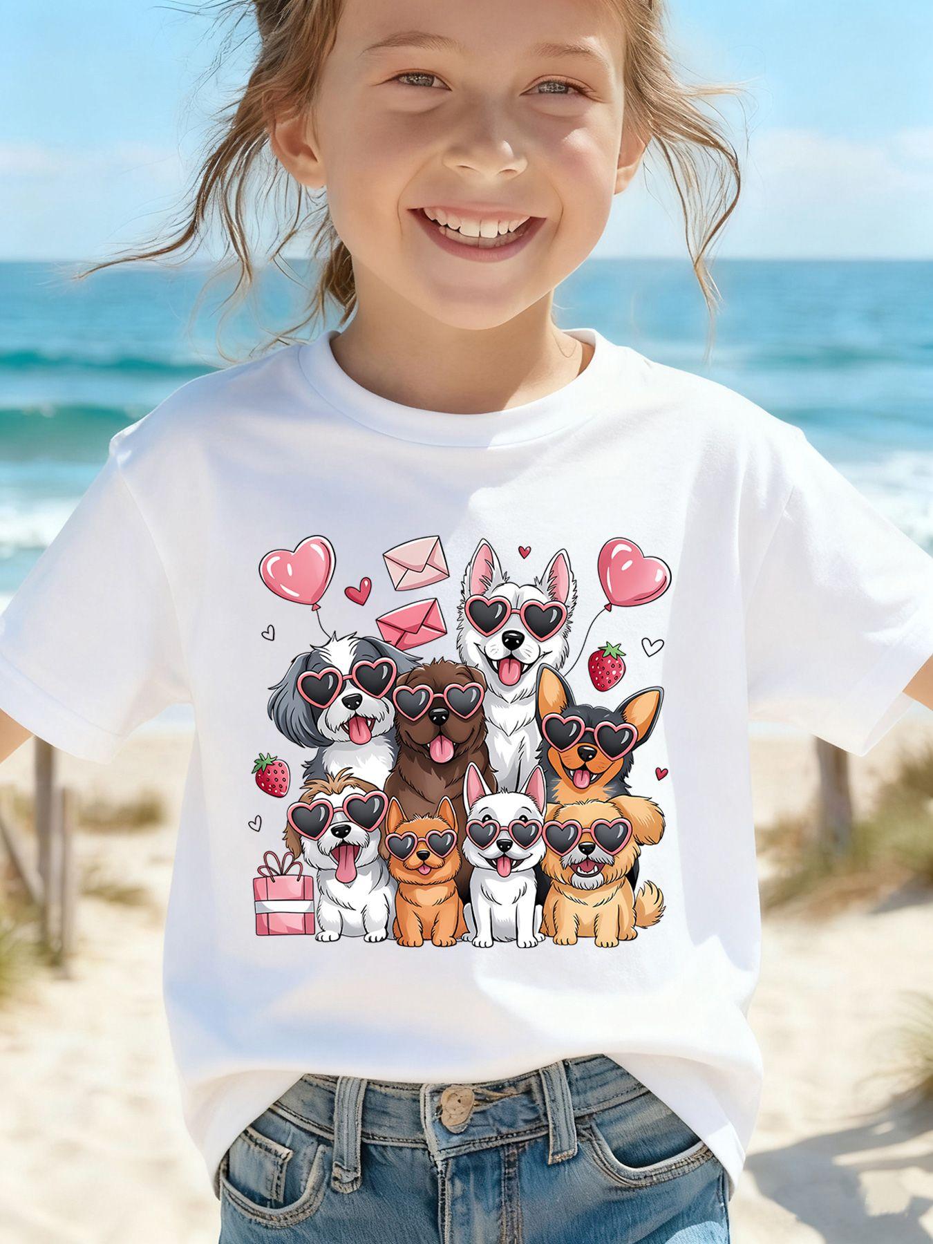 Children's summer comfortable "Cute Puppy Image" pattern, outdoor casual sports - girls' cartoon printed T-shirt