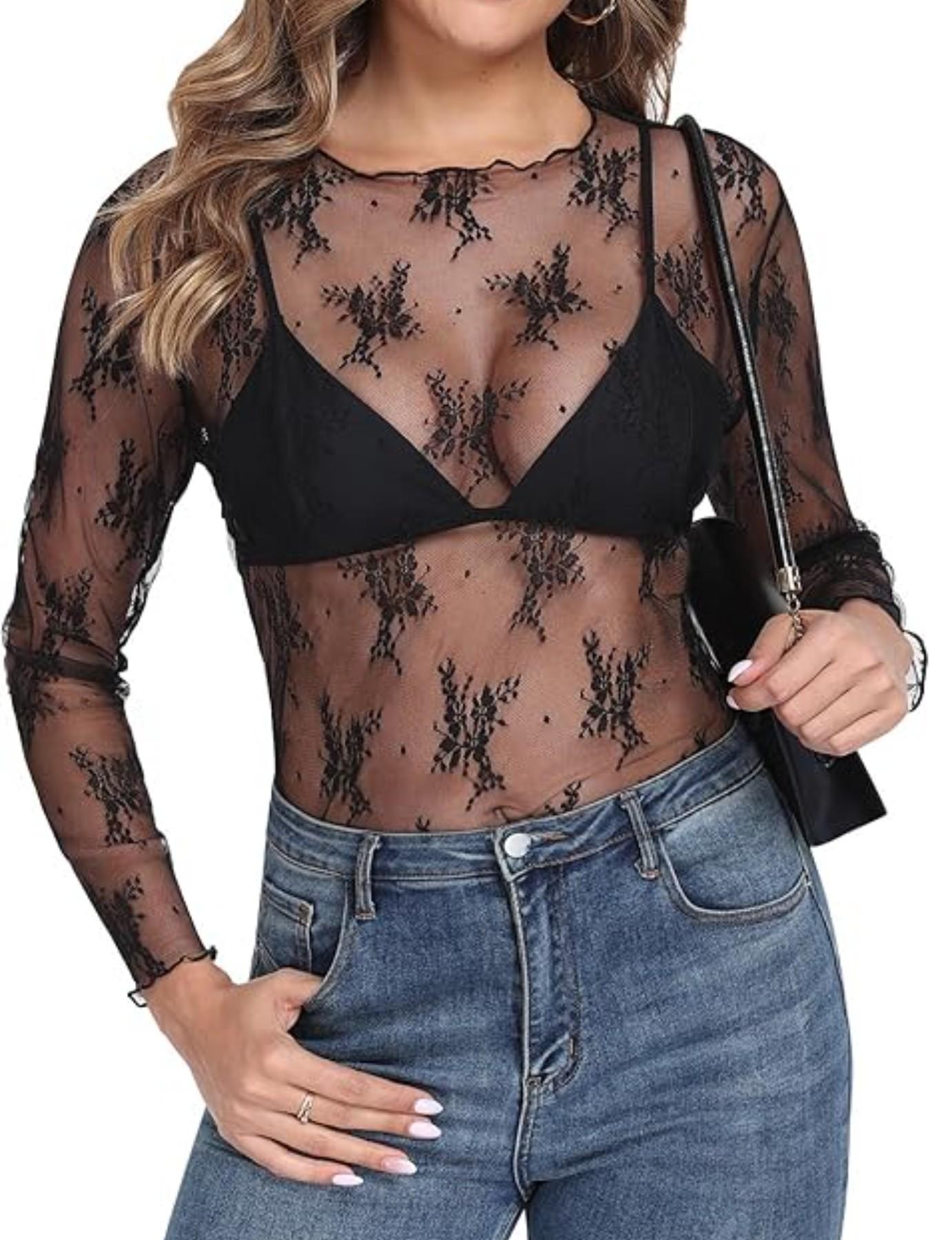 Women's Mesh Top, Transparent Lace Layered Medium Round Neck Sheer Shirt, Elegant and Stylish Design for Daily Wear