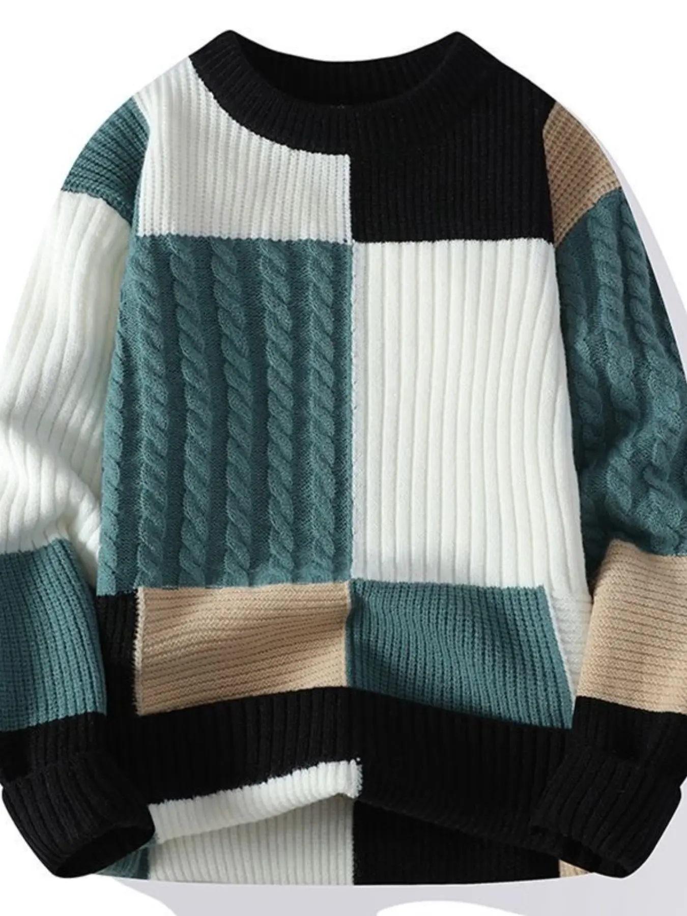 【Biack Friday】Men's Crew Neck Color Block Cable Knit Sweater, Patchwork Plaid Textured Long‑Sleeve Pullover Jumper, Soft Thick Knit Top For Autumn Winter Casual Streetwear Daily Outfits, Knitwear Knit Sweater
