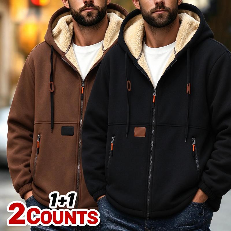 Men's 2-piece set of thick fleece with hood, warm sweatshirt, roomy and comfortable with drawstring. Casual autumn-winter clothing with pockets – ideal for everyday.