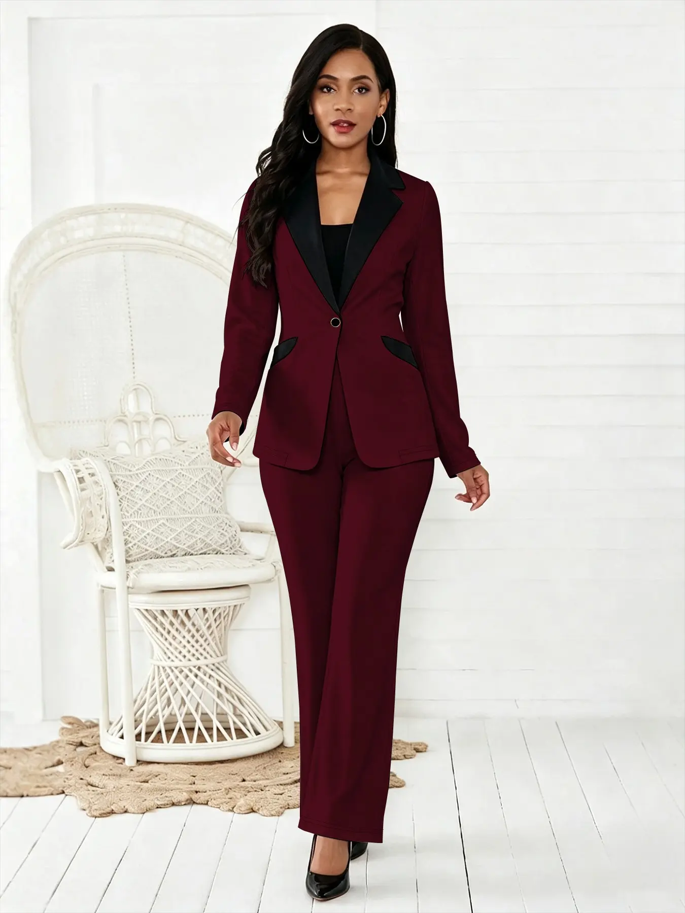 【Black Friday】Women's Colorblock Blazer & Straight Leg Pants Set, Elegant Two-piece Set for Work Office Wear, Business Attire Essential, Ladies' Suits for All Seasons